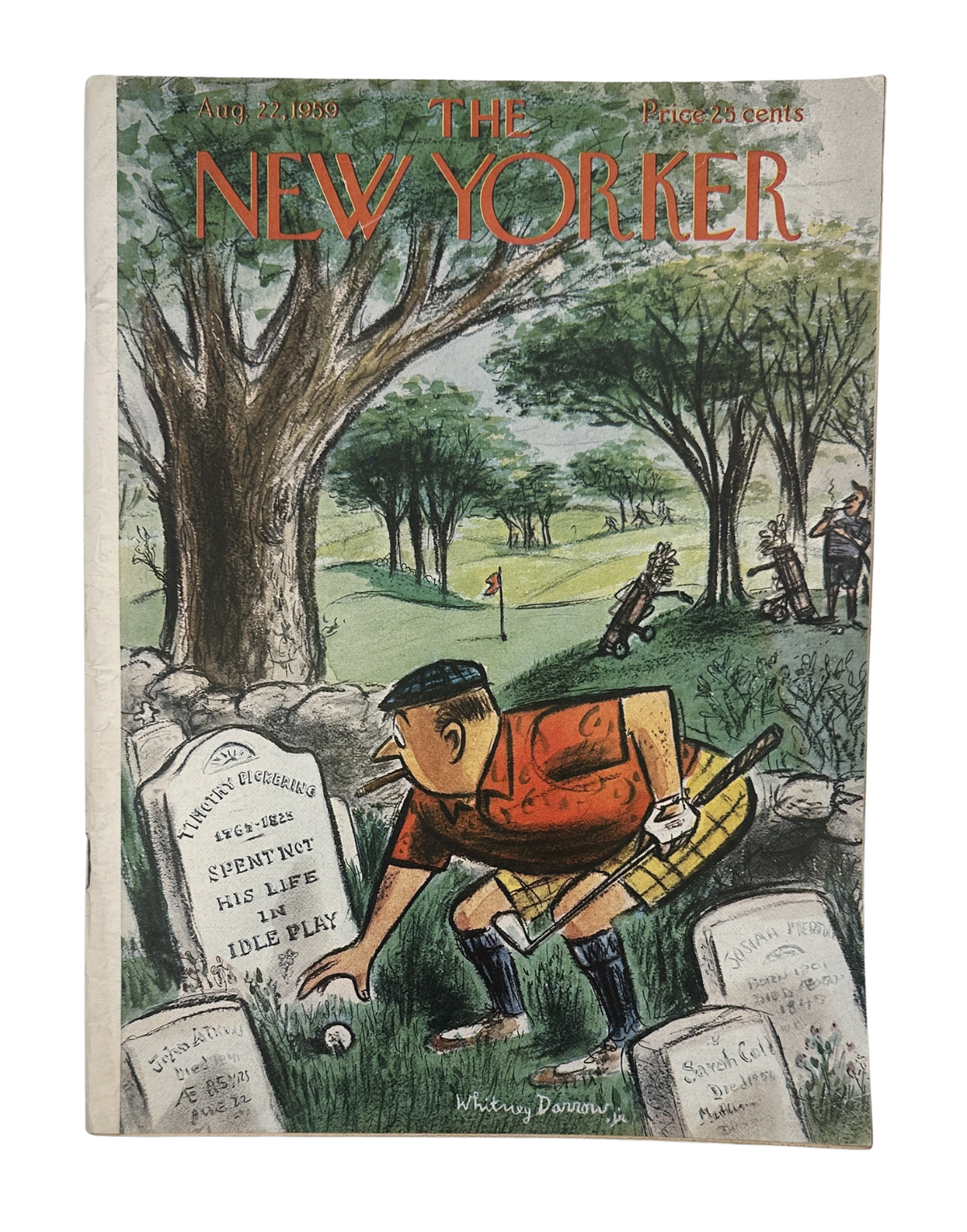 The New Yorker Magazine August 22, 1959 Golfer Graveyard Whitney Darrow, Jr. Cover featuring a humorous golfer surrounded by gravestones on a golf course