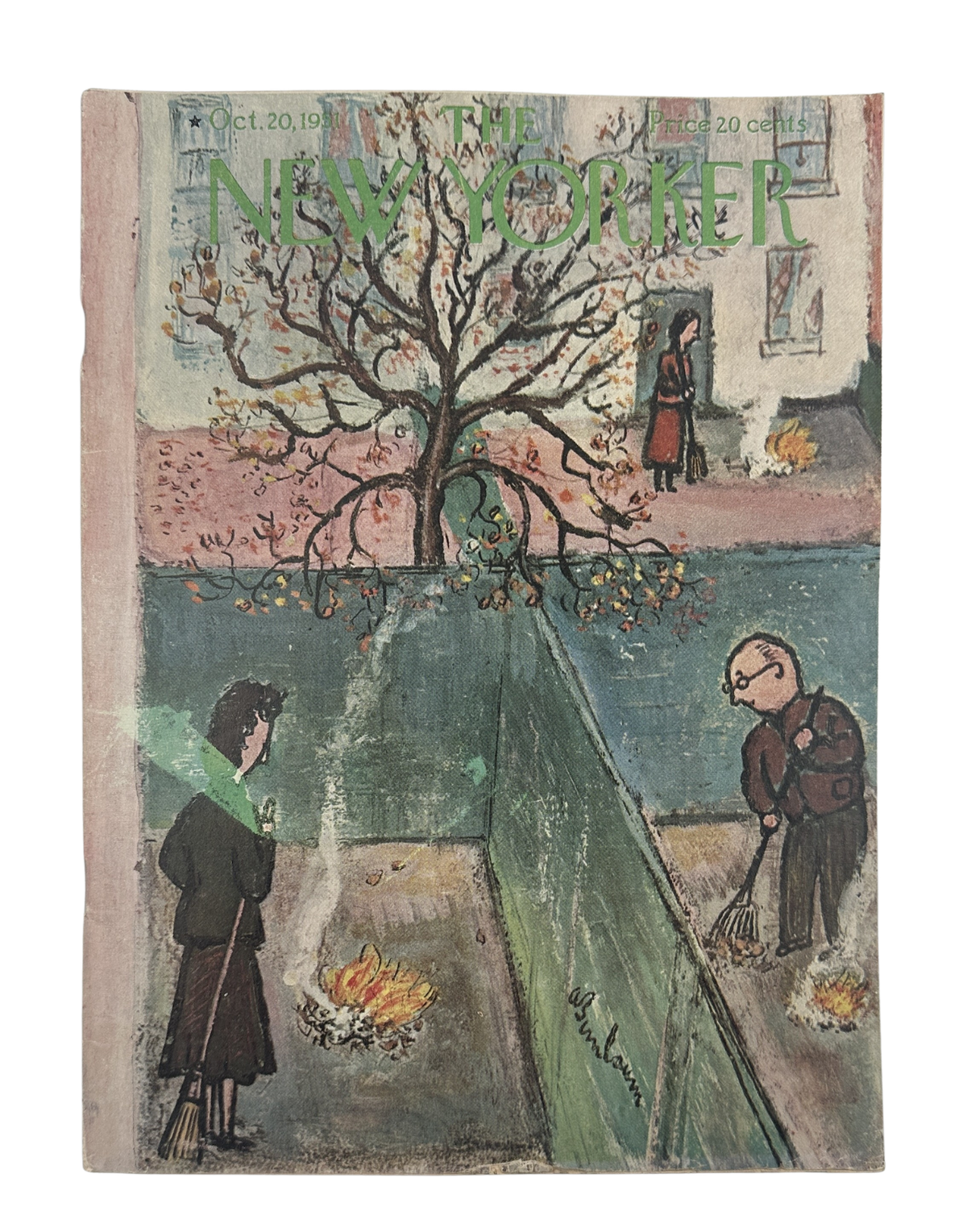 The New Yorker Magazine October 20, 1951 Fall Cleanup Abe Birnbaum Cover, vintage magazine front cover showing people raking leaves and burning autumn yard debris beneath a tree.