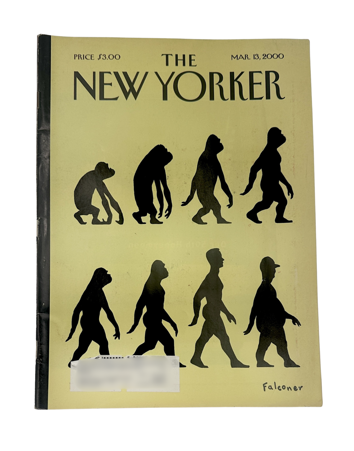 The New Yorker Magazine March 13, 2000 Evolution Silhouettes Ian Falconer Cover, front cover featuring black human evolution silhouettes on a tan background.
