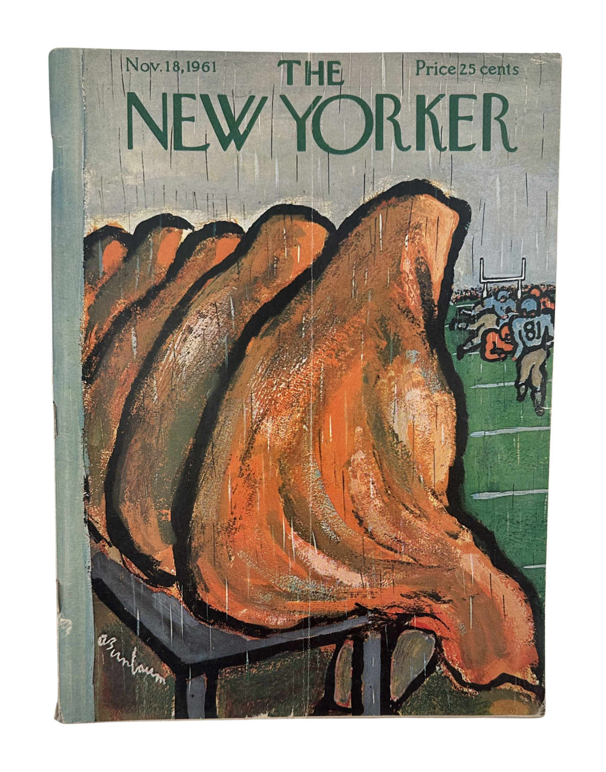 The New Yorker Magazine November 18, 1961 Rainy Football Game Abe Birnbaum Cover featuring a rainy football game illustration and vintage New Yorker masthead.