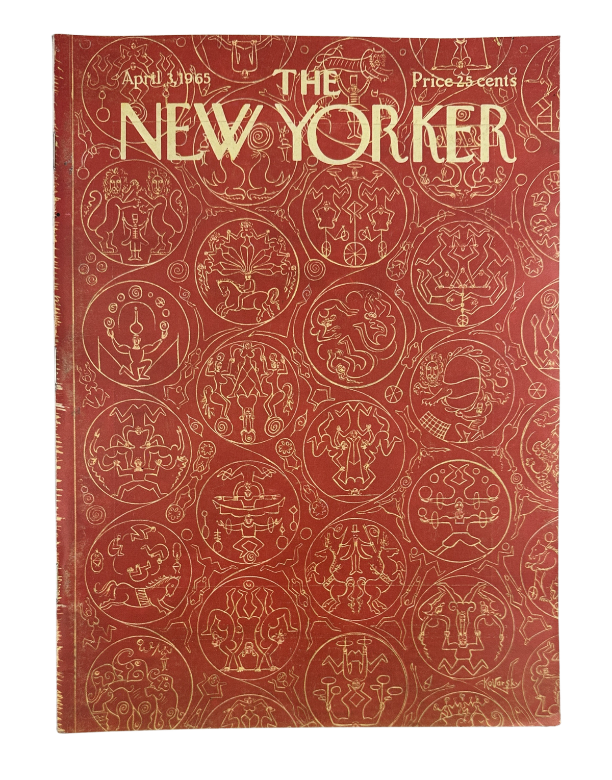 The New Yorker Magazine April 3, 1965 Red Circus Pattern Anatol Kovarsky Cover, featuring a red illustrated cover with repeating circus-themed circular designs and vintage cream lettering.