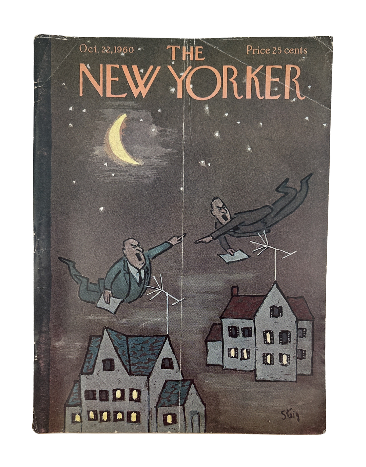 The New Yorker Magazine October 22, 1960 Night Flying Men William Steig Cover, vintage illustrated cover showing two flying men above moonlit houses.