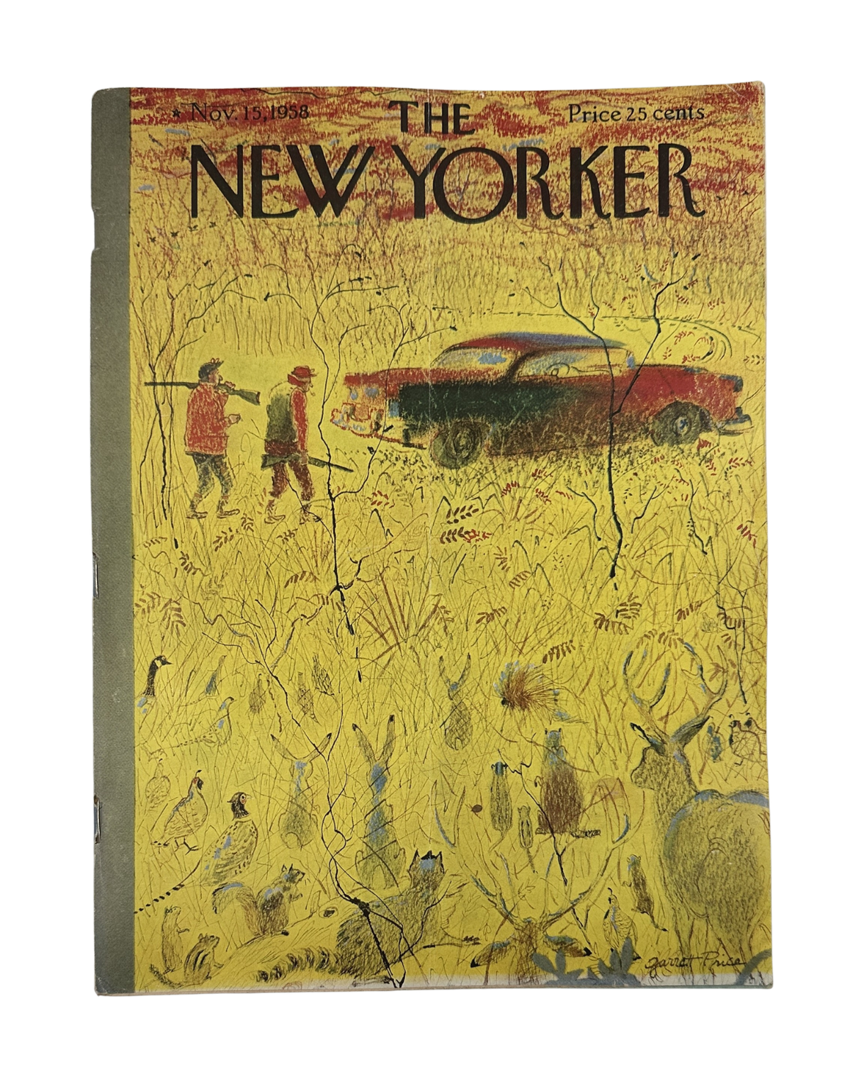 The New Yorker Magazine November 15, 1958 Hunting Car Garrett Price Cover, vintage magazine front cover featuring a hunting scene with two figures and a classic car