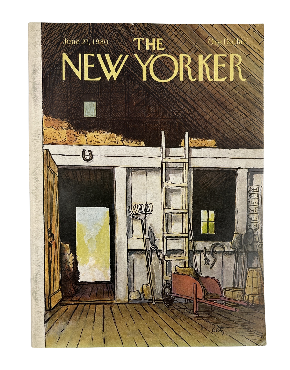 The New Yorker Magazine June 23, 1980 Barn Loft Interior Arthur Getz Cover showing the illustrated barn loft interior cover with ladder, workbench, chairs, and wooden floor.