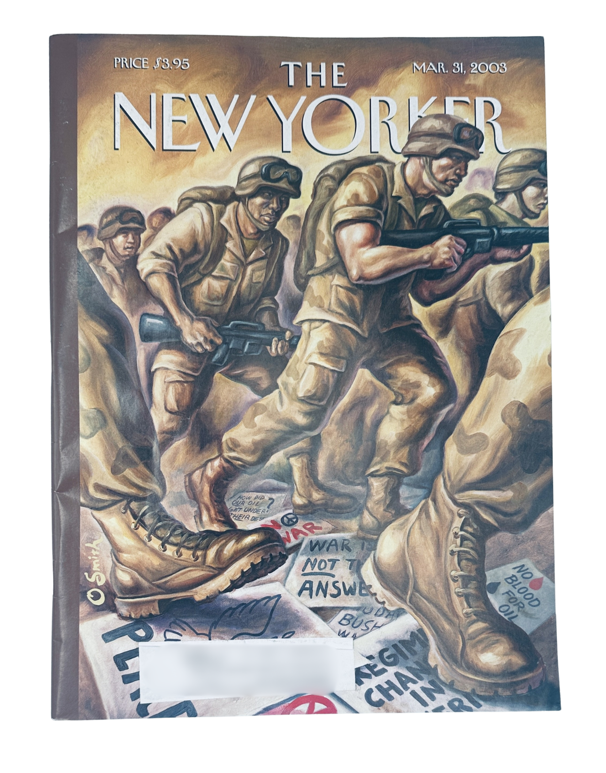The New Yorker Magazine March 31, 2003 Soldiers War Owen Smith Cover, featuring illustrated soldiers in combat gear marching across a battlefield-themed design.