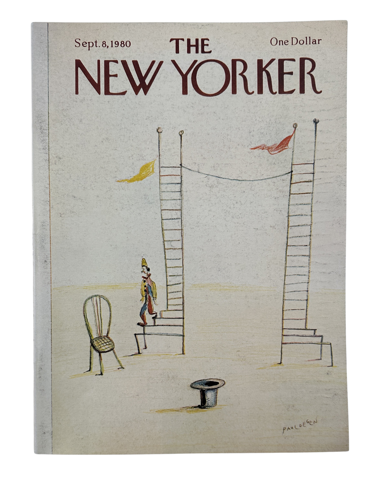 The New Yorker Magazine September 8, 1980 Circus Ladder Act Paul Degen Cover, featuring a vintage circus ladder performance illustration with flags and a performer on the front cover