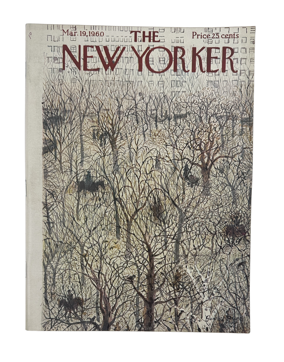 The New Yorker Magazine March 19, 1960 Winter Trees City Garrett Price Cover, vintage magazine featuring a detailed winter tree landscape illustration and 25-cent cover price