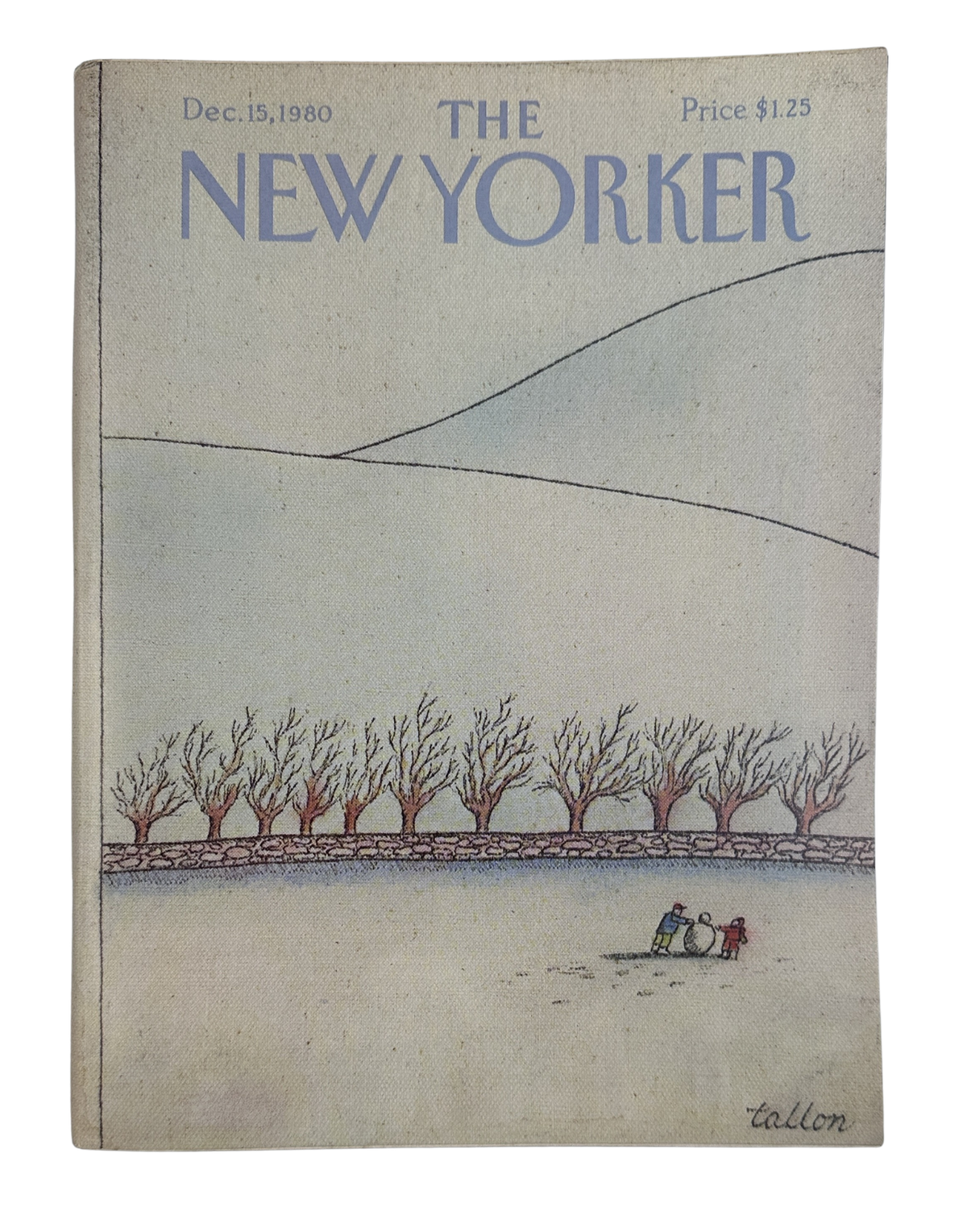 The New Yorker Magazine December 15, 1980 Winter Snowfield Scene Robert Tallon Cover, showing a snowy field, bare trees, and figures ice skating or walking along the winter landscape.