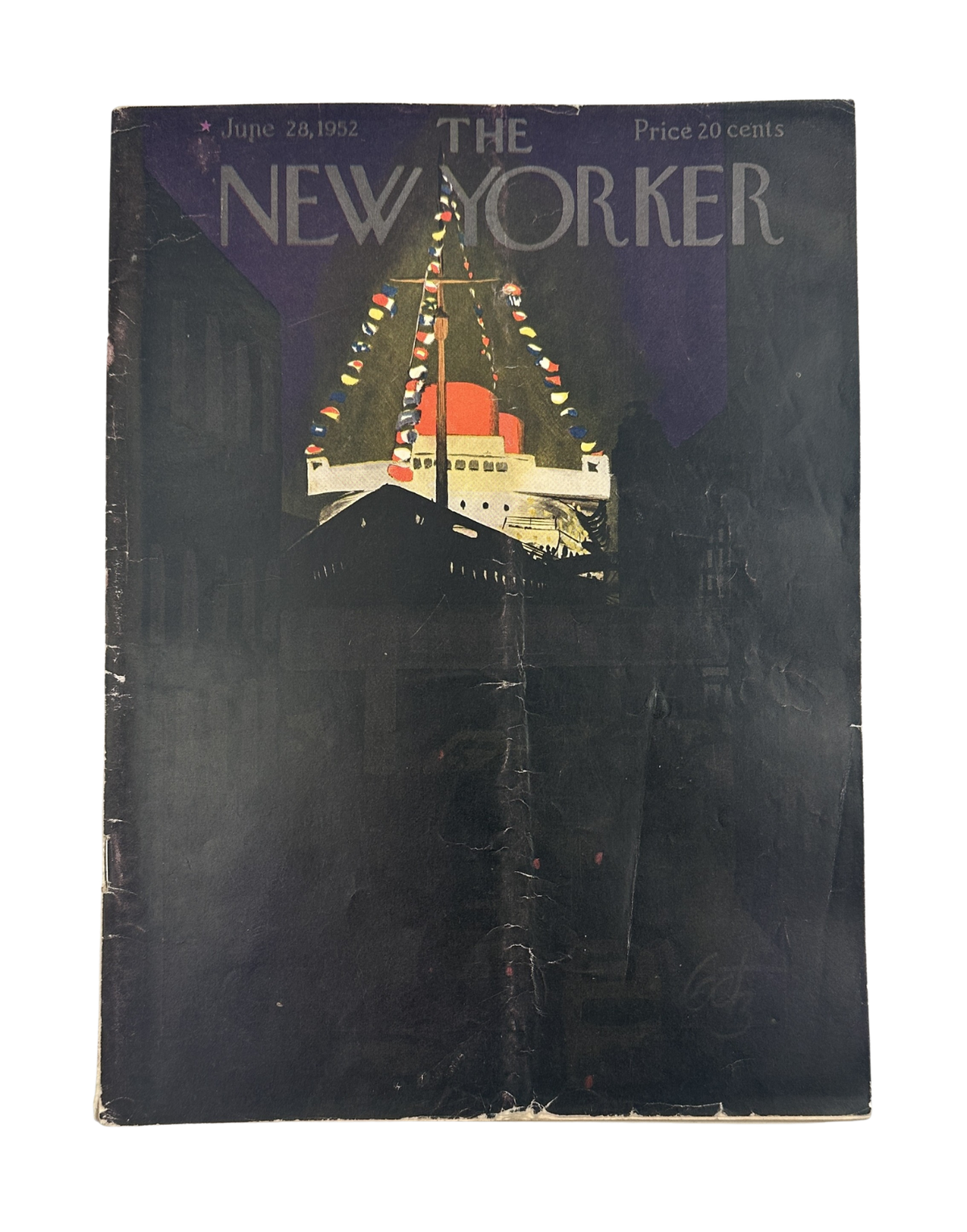 The New Yorker Magazine June 28, 1952 Night Harbor Ship Arthur Getz Cover, vintage magazine front cover featuring a brightly illuminated ship approaching at night, with visible age-related wear.