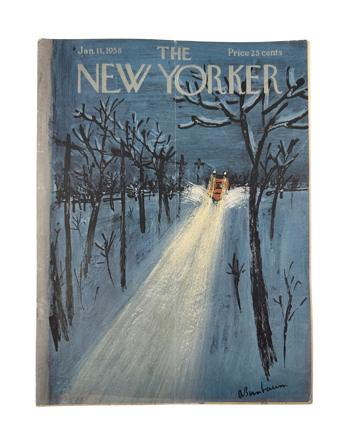 The New Yorker Magazine January 11, 1958 Snowplow Abe Birnbaum Cover featuring a snowplow traveling along a snowy wooded road at night.
