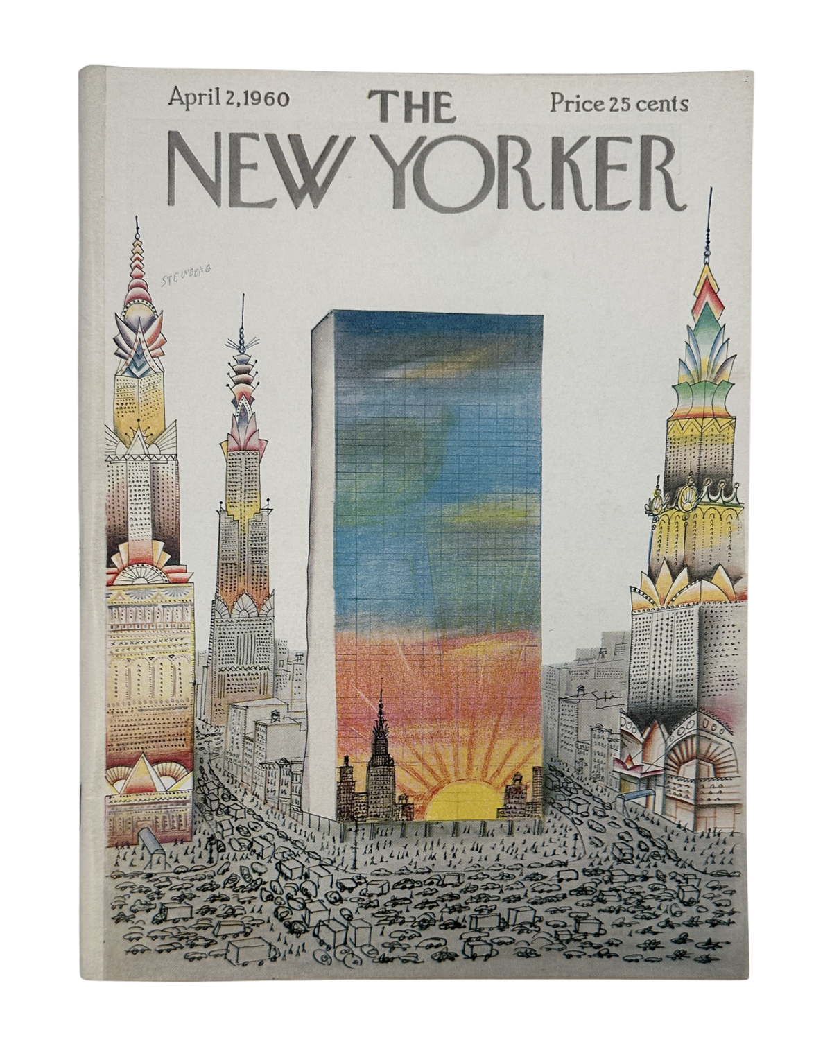The New Yorker Magazine April 2, 1960 NYC Skyline Sunset Saul Steinberg Cover VG, featuring an illustrated New York City skyline with a colorful sunset and iconic skyscrapers.