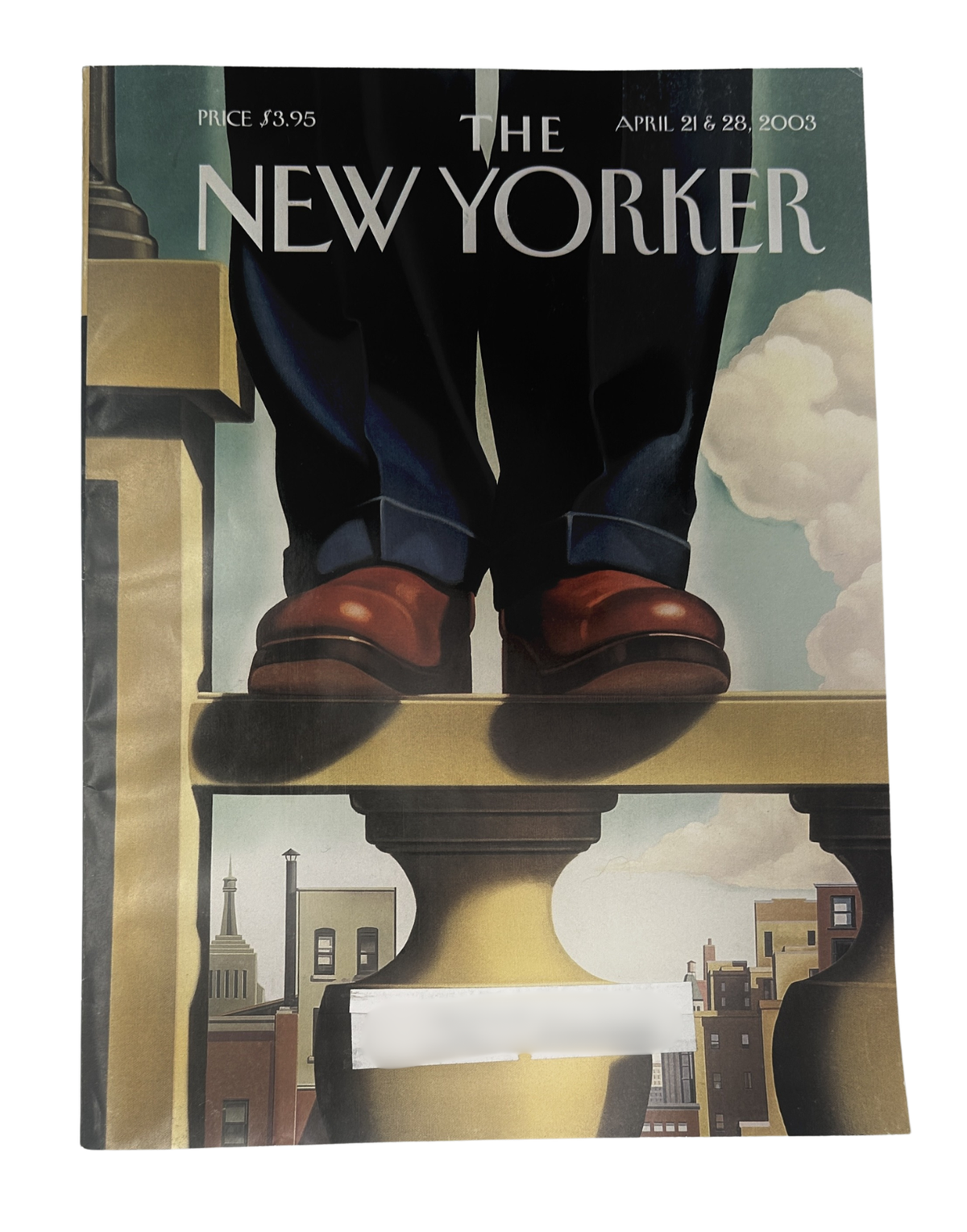 The New Yorker Magazine April 21 & 28, 2003 Improving One's Viewpoint R. Kenton Nelson Cover, featuring a surreal illustration of a suited figure standing on an architectural pedestal above a city skyline.