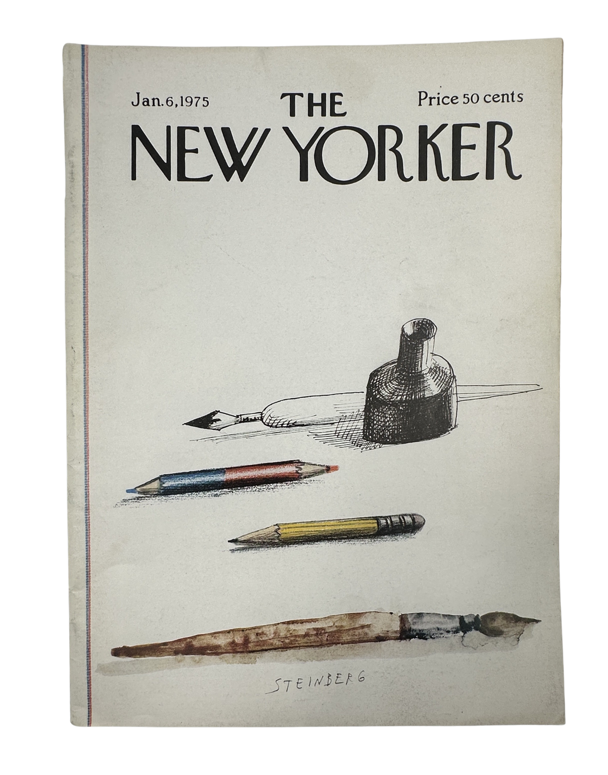 The New Yorker Magazine January 6, 1975 Ink Bottle Pencils Brush Saul Steinberg Cover VG, front cover featuring an ink bottle, colored pencils, and brush illustration.