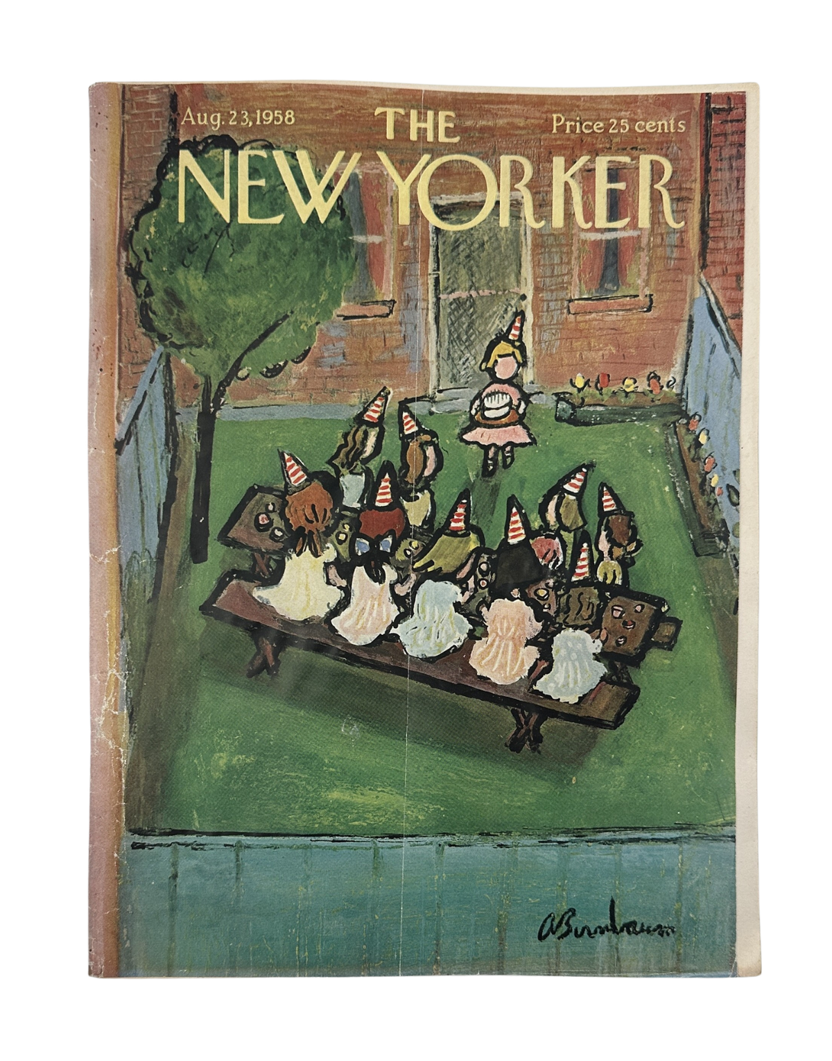 Front cover of The New Yorker Magazine August 23, 1958 Birthday Party Abe Birnbaum Cover, featuring a whimsical birthday party scene with children and animals wearing party hats.