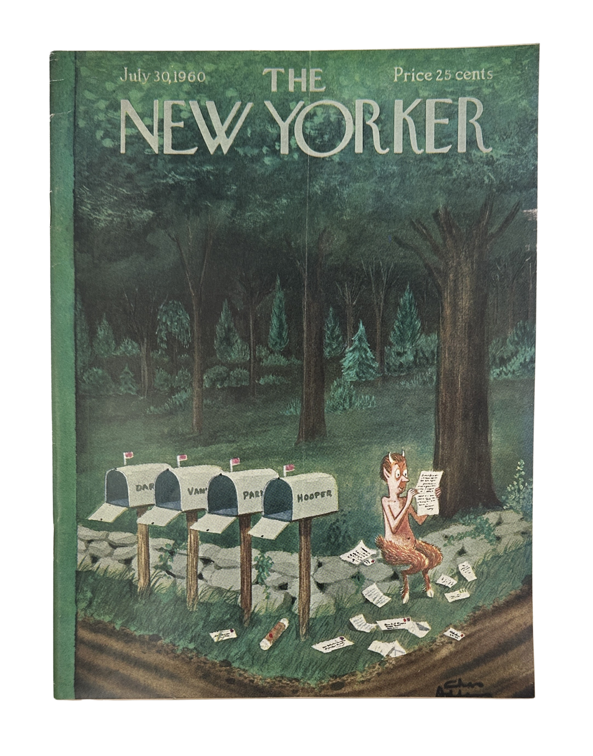 The New Yorker Magazine July 30, 1960 Woodland Mailbox Satyr Charles Addams Cover, featuring a forest mailbox scene with a seated satyr and scattered letters.