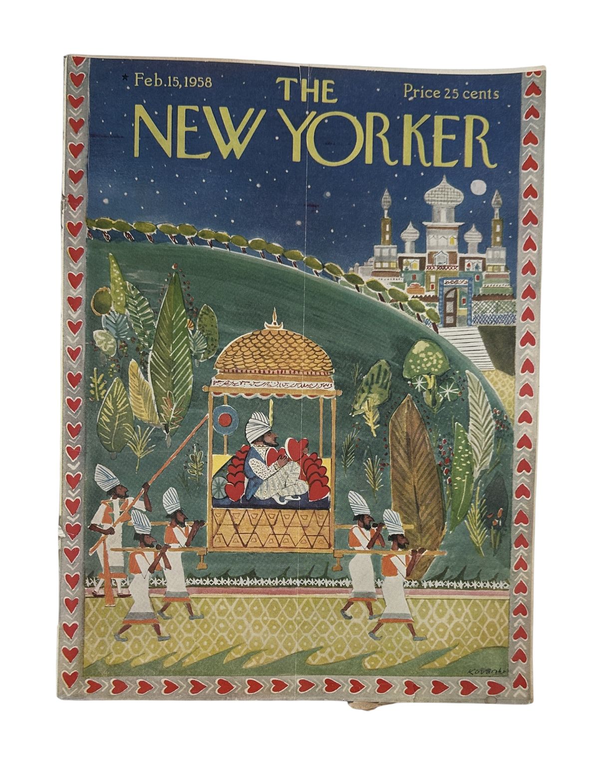 The New Yorker Magazine February 15, 1958 Valentine Procession Anatol Kovarsky Cover, featuring an illustrated Valentine-themed procession in a garden with a gazebo and palace landscape.