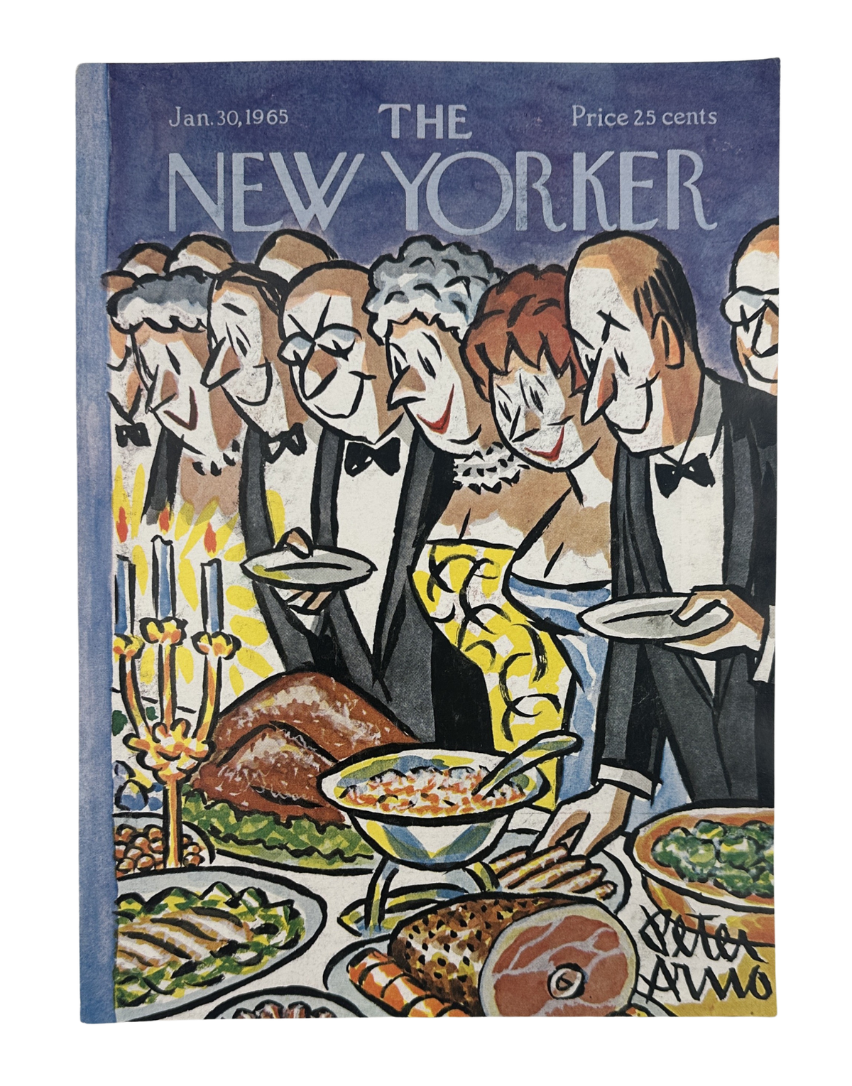 The New Yorker Magazine January 30, 1965 Formal Dinner Party Peter Arno Cover VG, featuring a colorful Peter Arno illustration of guests at a formal dinner party.