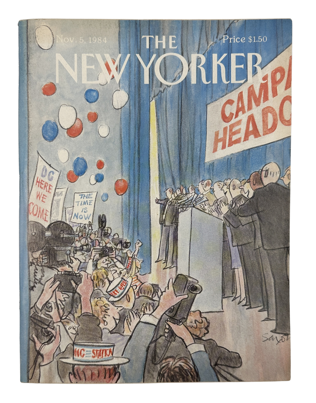The New Yorker Magazine November 5, 1984 Campaign Headquarters Charles Saxon Cover, featuring a colorful political campaign headquarters illustration with reporters, campaign signs, and the New Yorker masthead.
