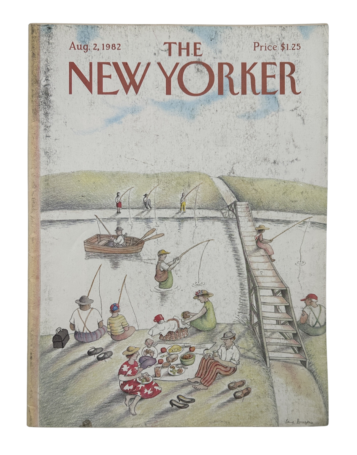 The New Yorker Magazine August 2, 1982 Lakeside Fishing Picnic Anne Burgess Cover featuring an illustrated lakeside fishing and picnic scene.