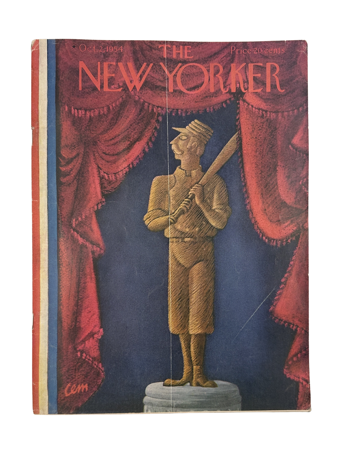 The New Yorker Magazine October 2, 1954 Baseball Statue Stage Charles Martin Cover, featuring a golden baseball statue standing on a theater stage framed by red curtains.