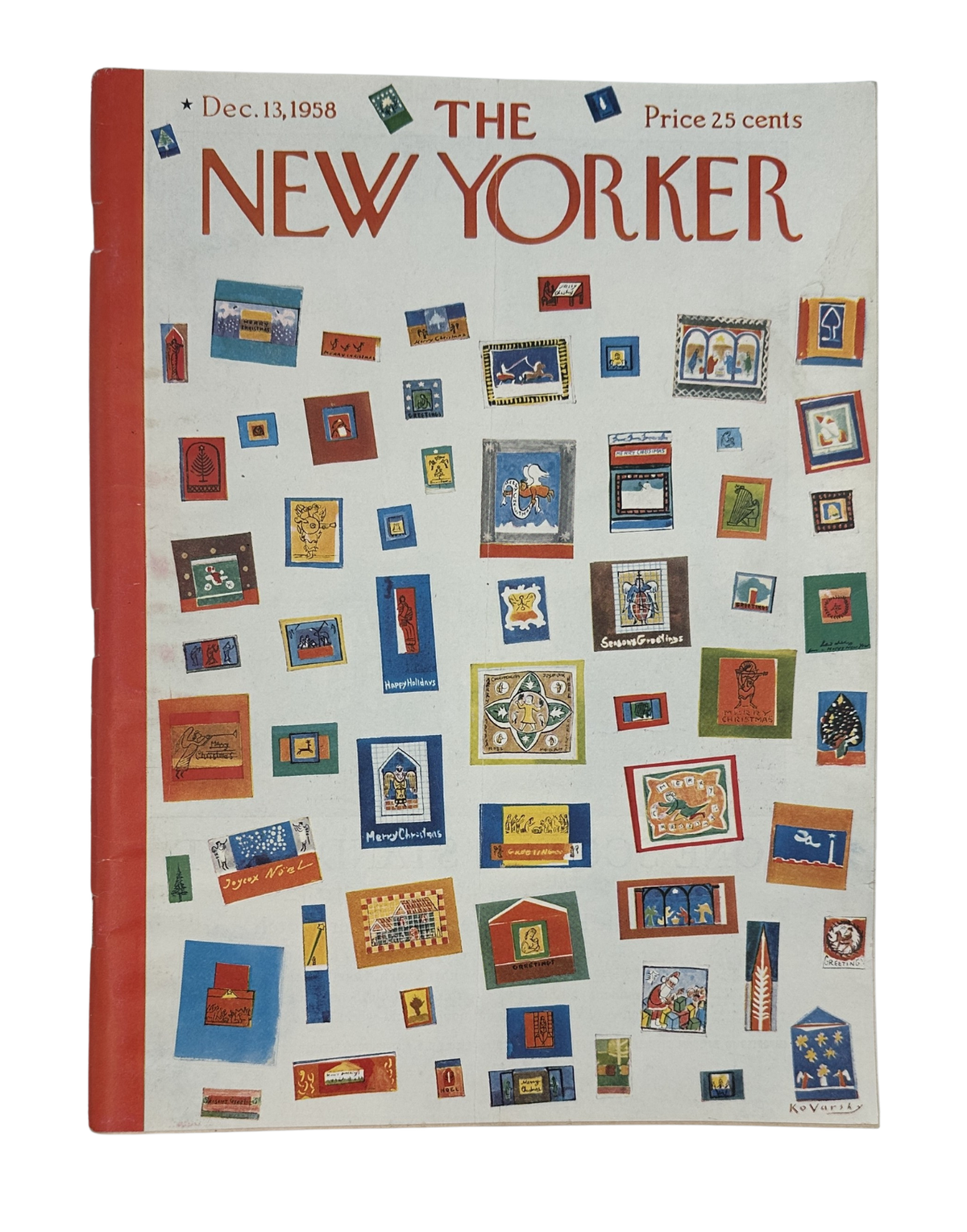 The New Yorker Magazine December 13, 1958 Christmas Greeting Card Anatol Kovarsky cover featuring colorful vintage postage stamp illustrations