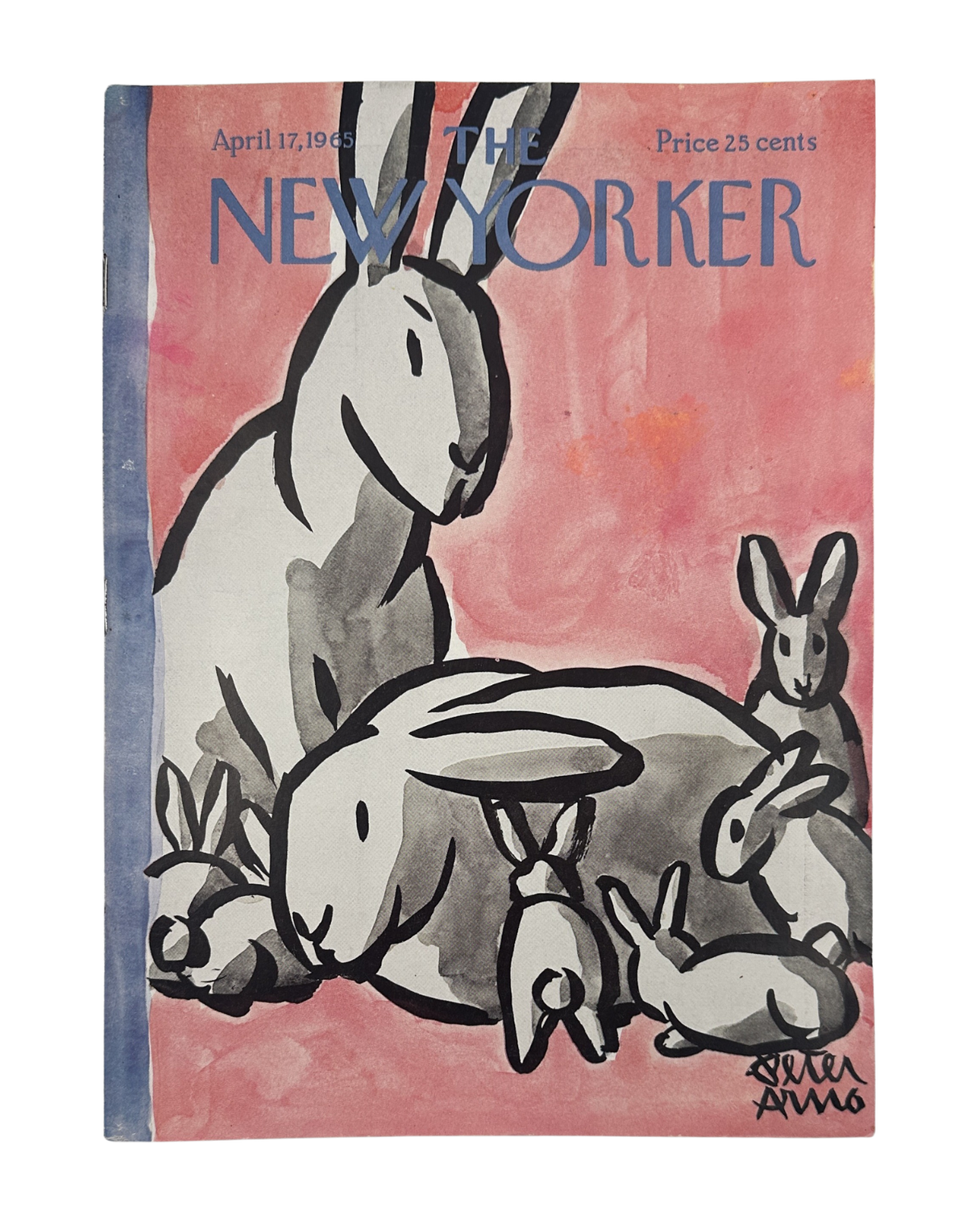 The New Yorker Magazine April 17, 1965 Easter Bunny Rabbit Peter Arno Cover, featuring a vintage illustrated group of rabbits on a pink background.