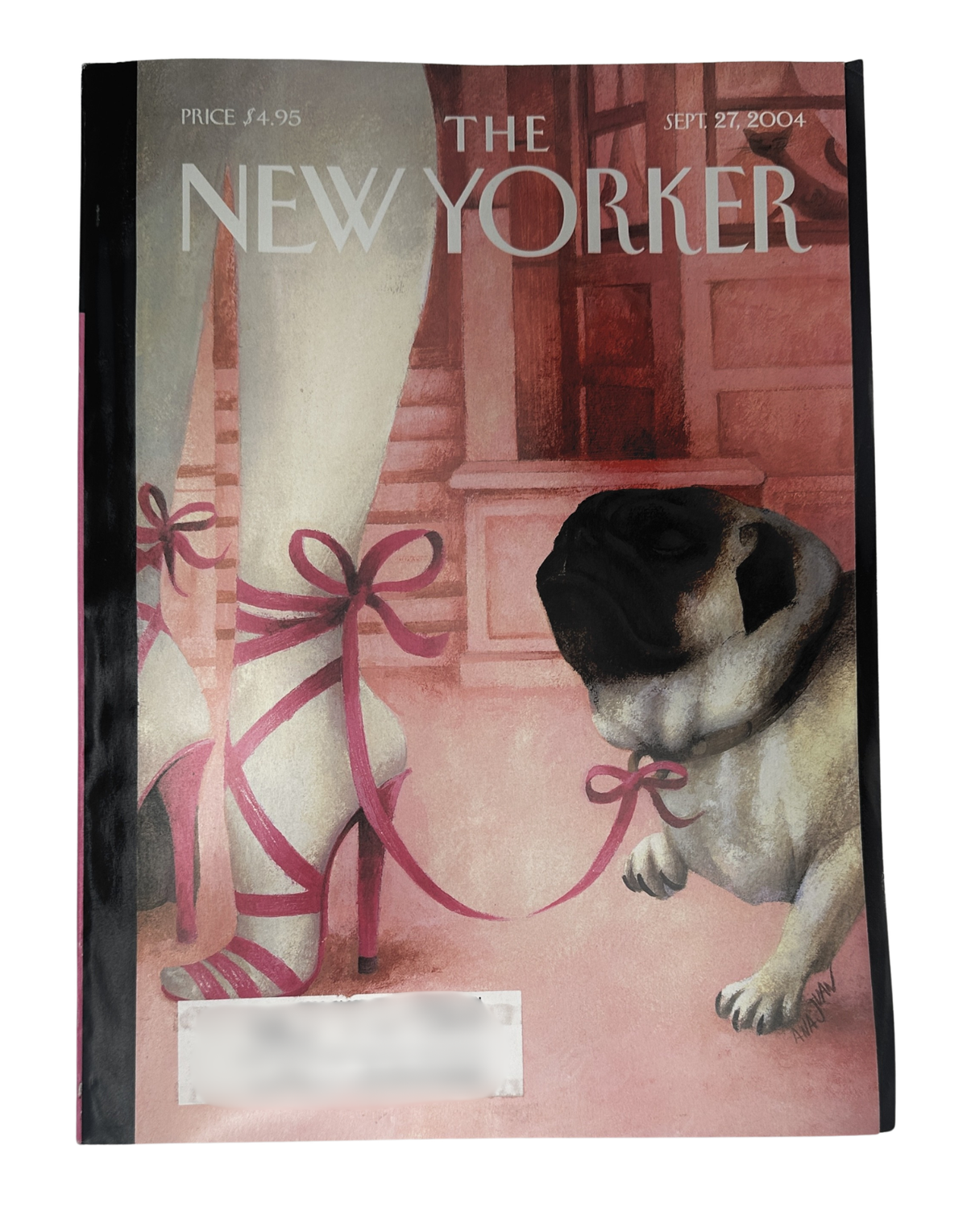 The New Yorker Magazine September 27, 2004 Brought to Heel Ana Juan Cover VG, featuring a pug beside pink ribbon-wrapped gifts on the illustrated front cover