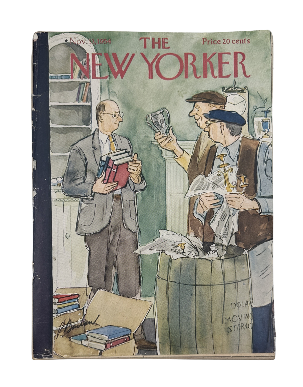 The New Yorker Magazine November 13, 1954 Moving Perry Barlow Cover, complete front cover showing an illustrated bookseller holding books while customers browse in a bookstore.