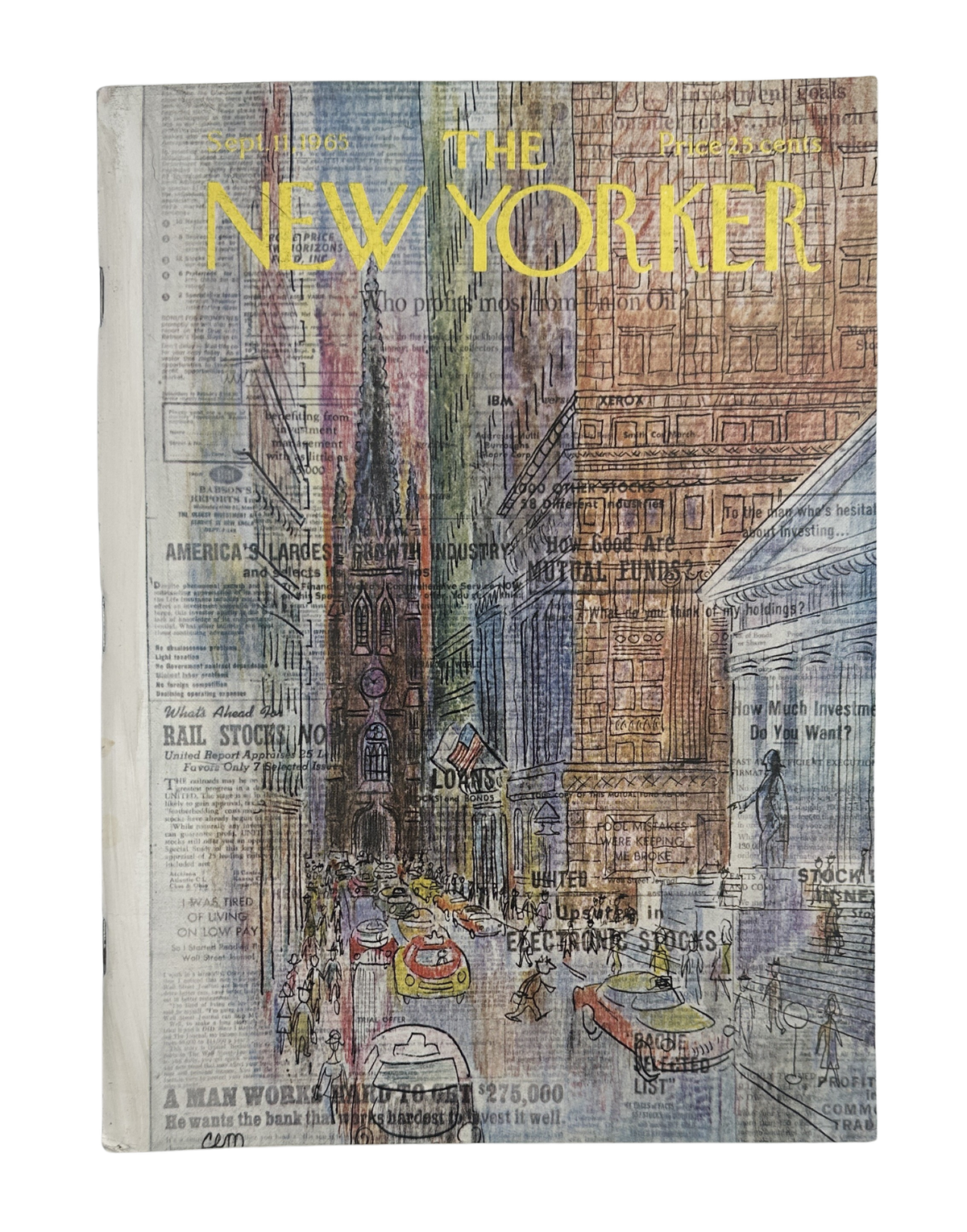 The New Yorker Magazine September 11, 1965 Wall Street Newspaper Charles Martin Cover VG, featuring an illustrated New York City Wall Street streetscape with skyscrapers, newspaper text, and street traffic.