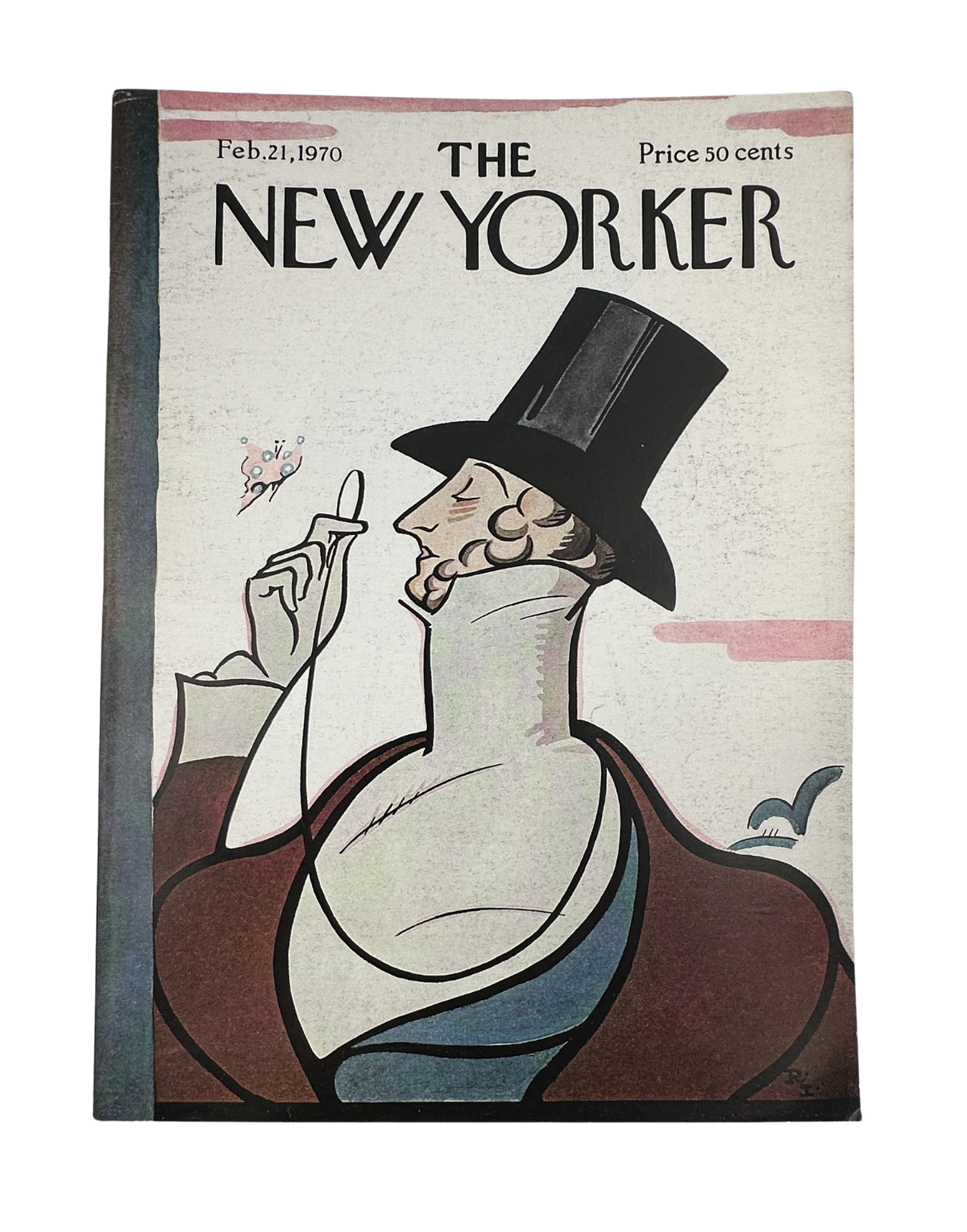The New Yorker Magazine February 21, 1970 Top Hat Butterfly Rea Irvin Cover, featuring a vintage illustration of a gentleman in a top hat holding a butterfly.