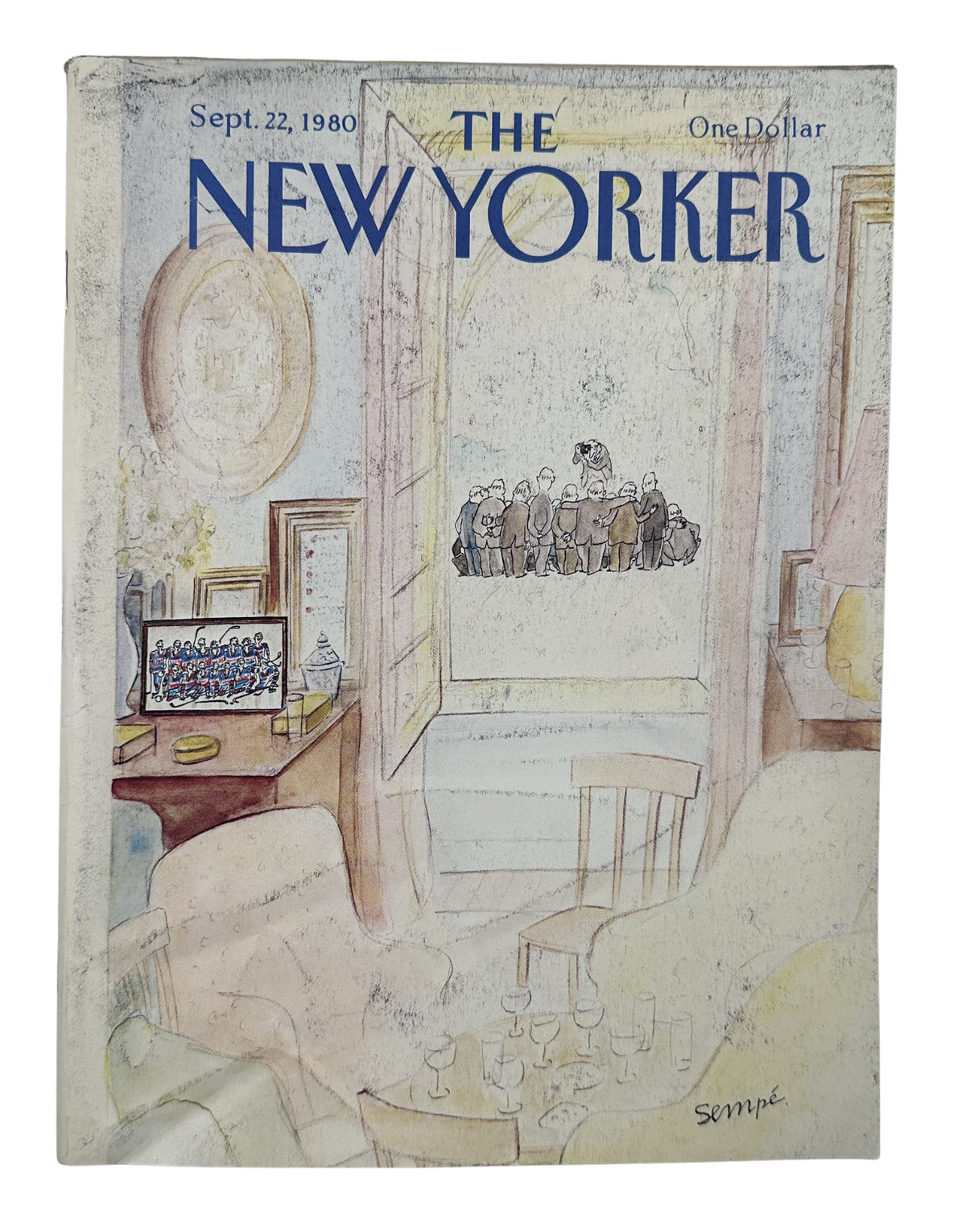 The New Yorker Magazine September 22, 1980 Hockey Viewing Party J. J. Sempé Cover, featuring a vintage illustrated living room hockey viewing party scene with spectators watching television.