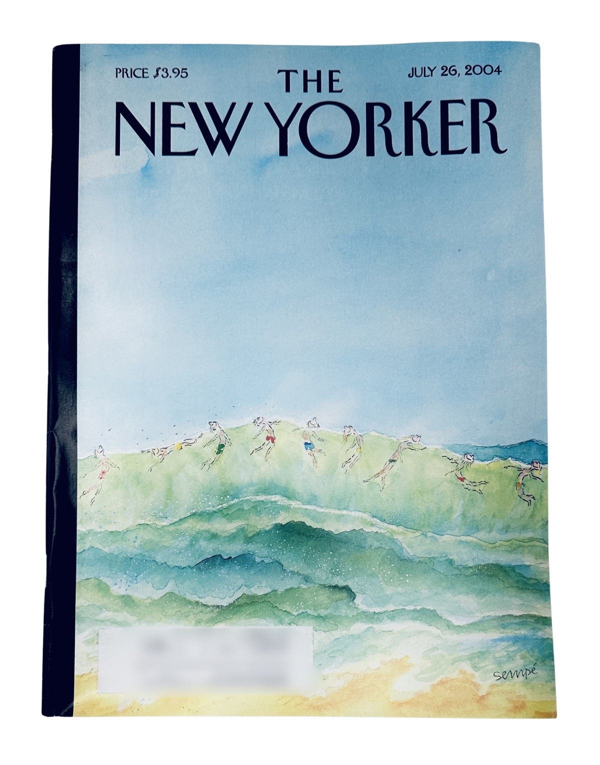 The New Yorker Magazine July 26, 2004 cover featuring J. J. Sempé's watercolor illustration of ocean waves and swimmers, in very good condition.