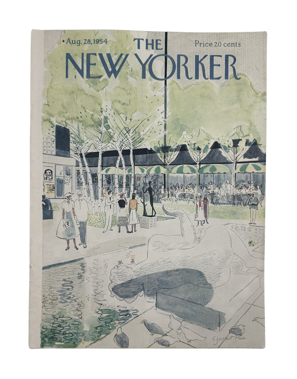 The New Yorker Magazine August 28, 1954 Fountain Garrett Price Cover, vintage magazine cover showing a city fountain scene with pedestrians and umbrellas
