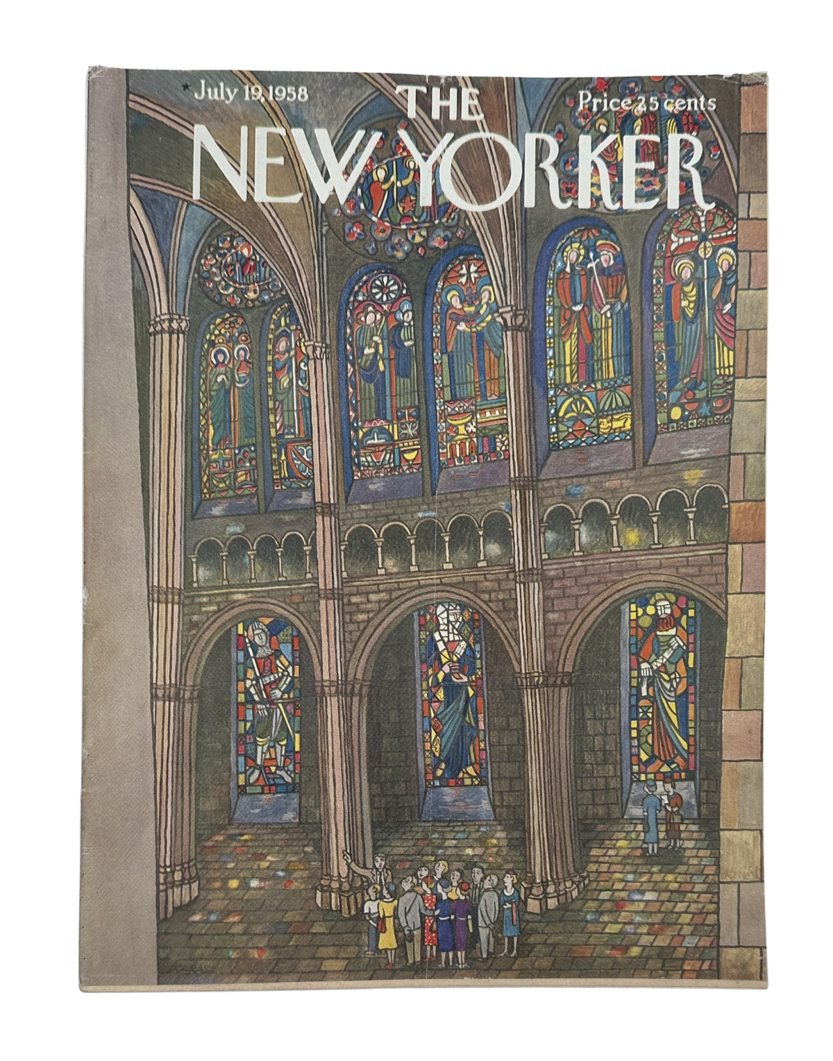 The New Yorker Magazine July 19, 1958 cover featuring a detailed stained glass church interior illustration by Ilonka Karasz