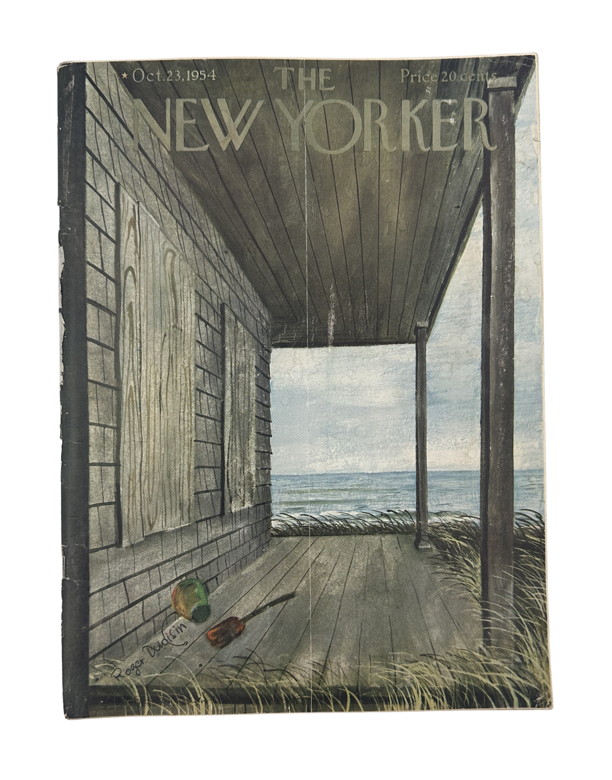 The New Yorker Magazine October 23, 1954 Seaside Porch Roger Duvoisin Cover, showing a weathered seaside porch overlooking the ocean with beach toys in the foreground.