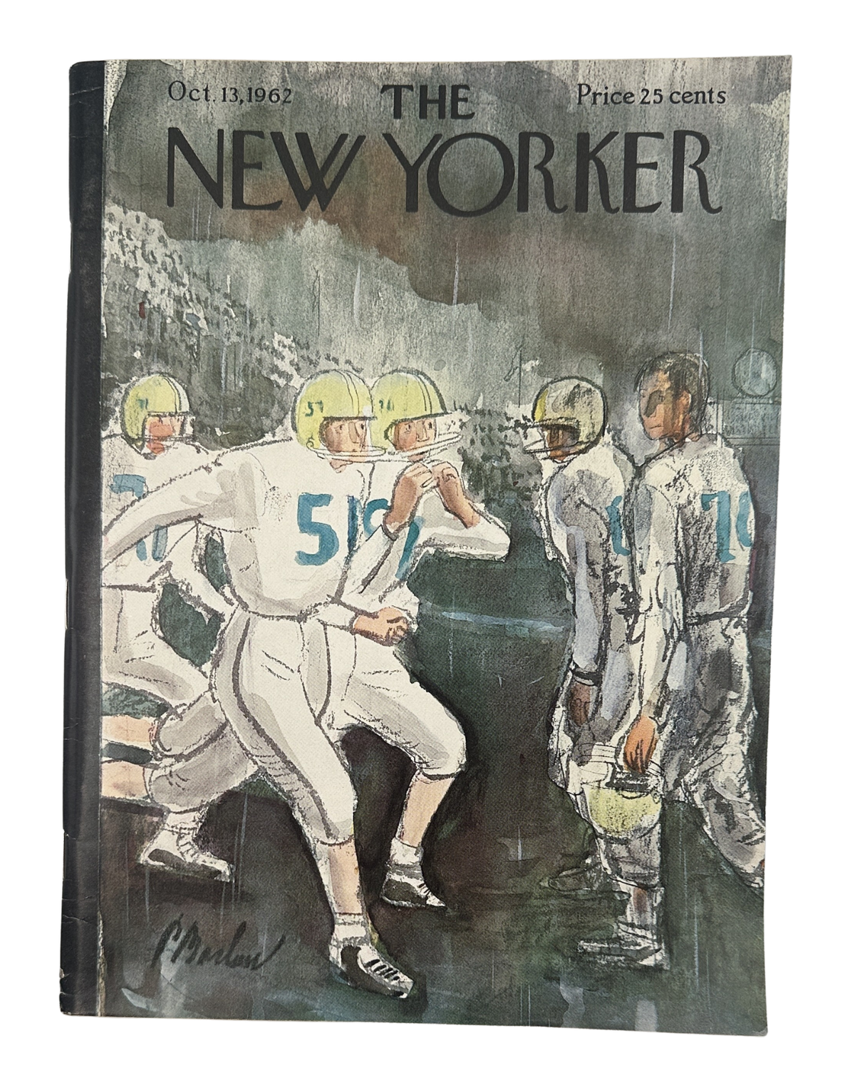 The New Yorker Magazine October 13, 1962 Football Players Rain Perry Barlow Cover, featuring illustrated football players in white uniforms during a rainy game.