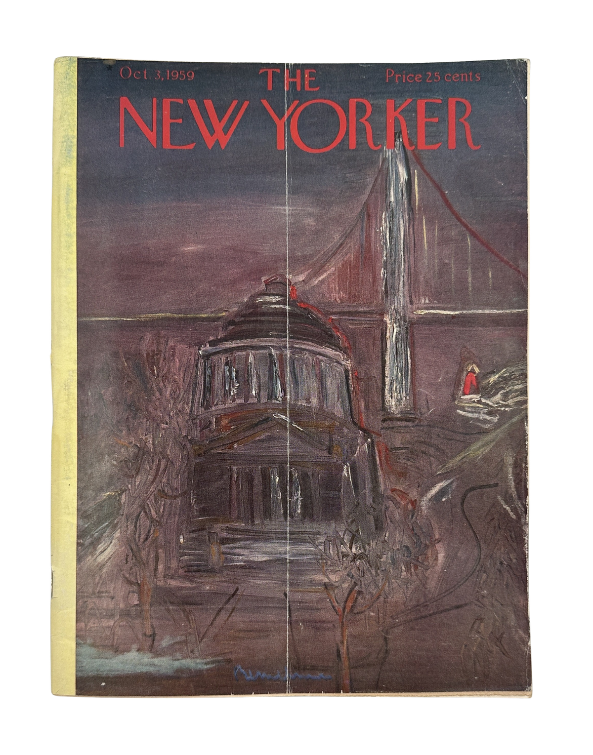 The New Yorker Magazine October 3, 1959 Brooklyn Bridge Night Ludwig Bemelmans Cover, front cover featuring a nighttime illustration of the Brooklyn Bridge and New York City streets.