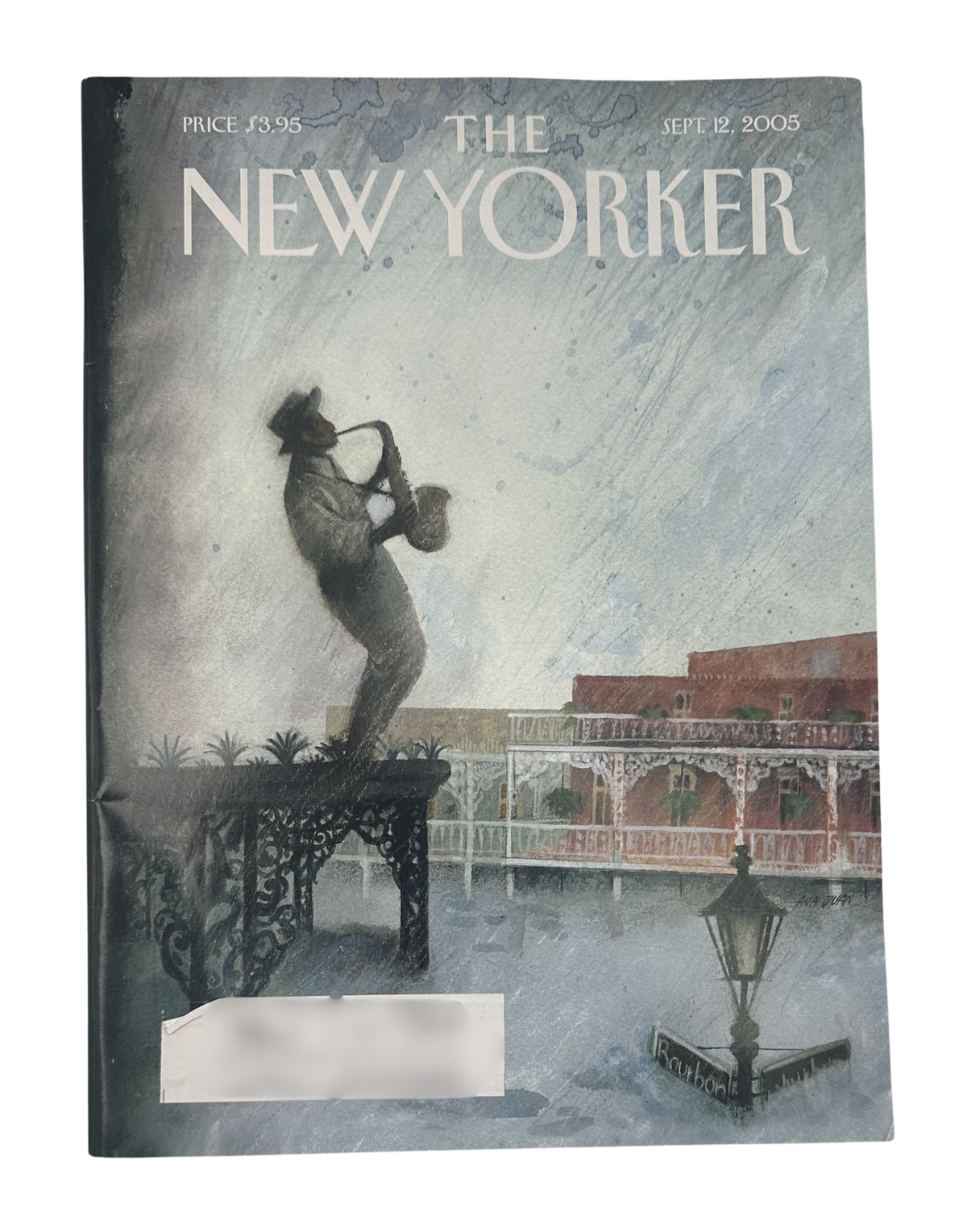 The New Yorker Magazine September 12, 2005 Flooded Street Saxophone Ana Juan Cover VG, featuring a rainy flooded street scene with a saxophone player on a wrought-iron balcony.