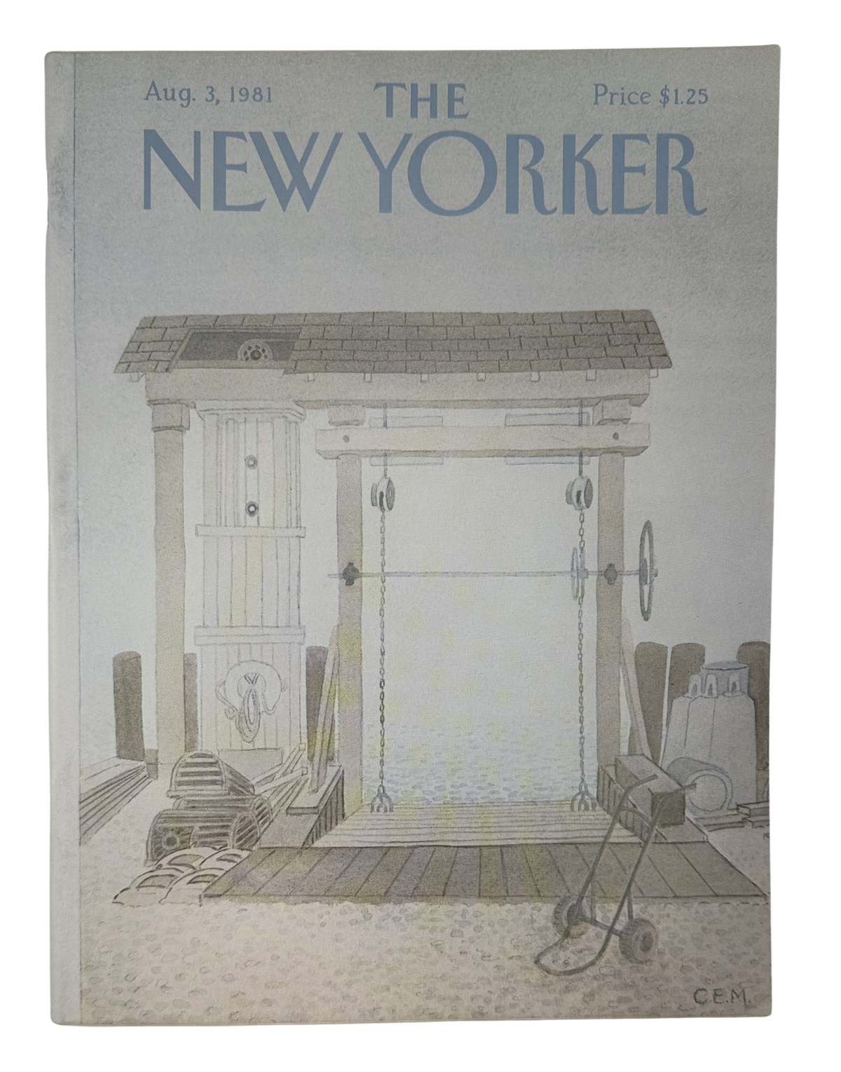 The New Yorker Magazine August 3, 1981 Harbor Dock Gate Charles E. Martin Cover VG, front cover featuring an illustrated harbor dock gate and waterfront scene.