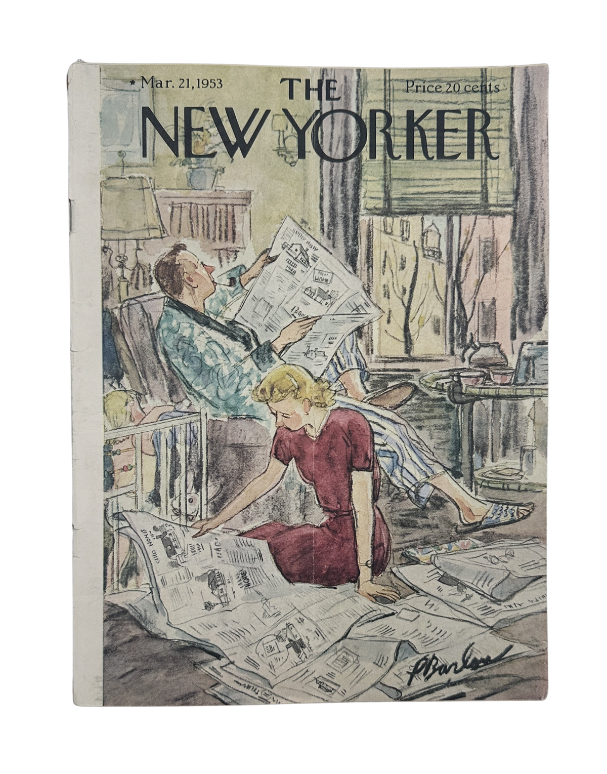 The New Yorker Magazine March 21, 1953 Newspaper Perry Barlow Cover featuring a vintage illustrated couple reading newspapers in a room