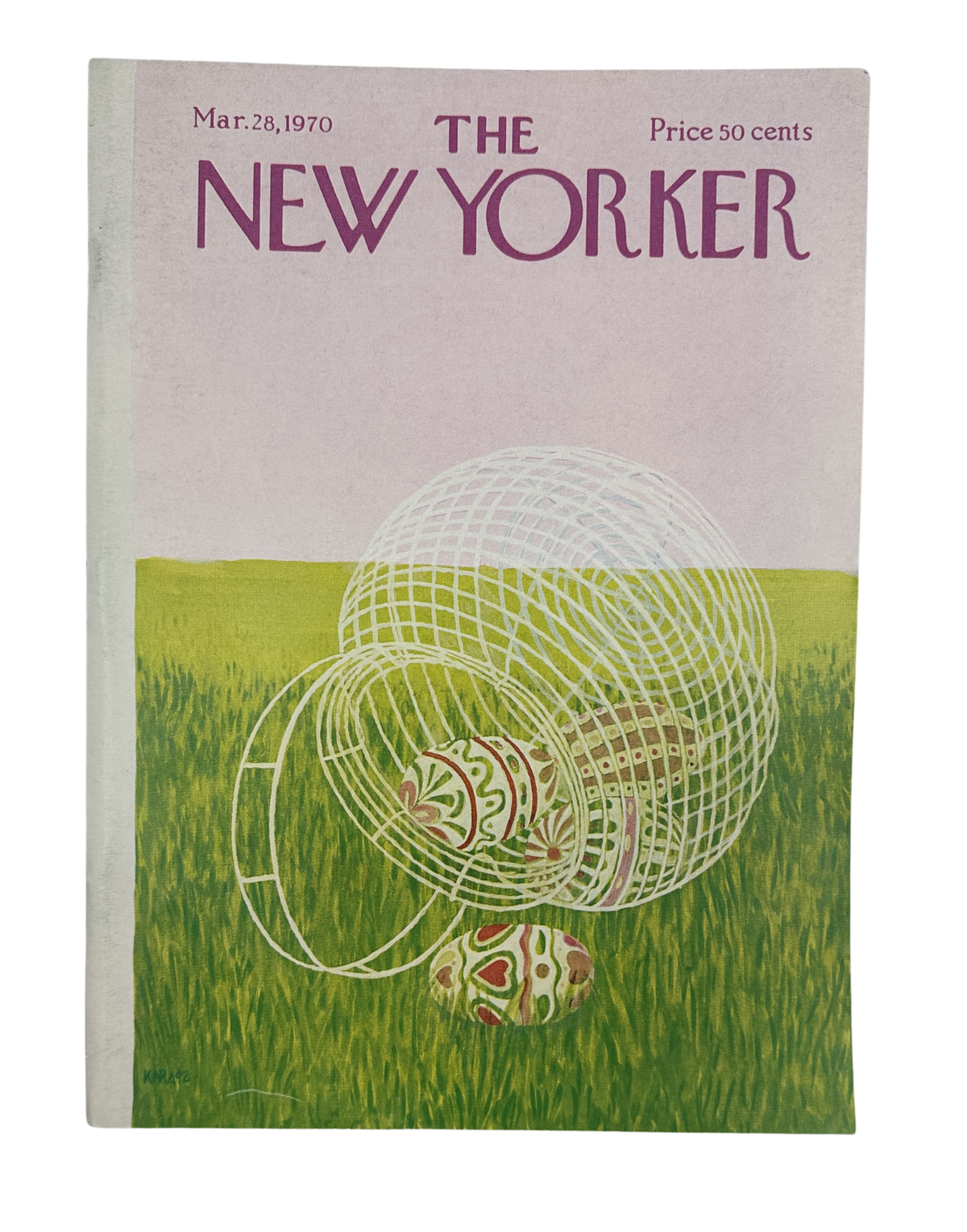 The New Yorker Magazine March 28, 1970 Easter Eggs Ilonka Karasz Cover VG, featuring an illustrated Easter egg design on a grassy field.