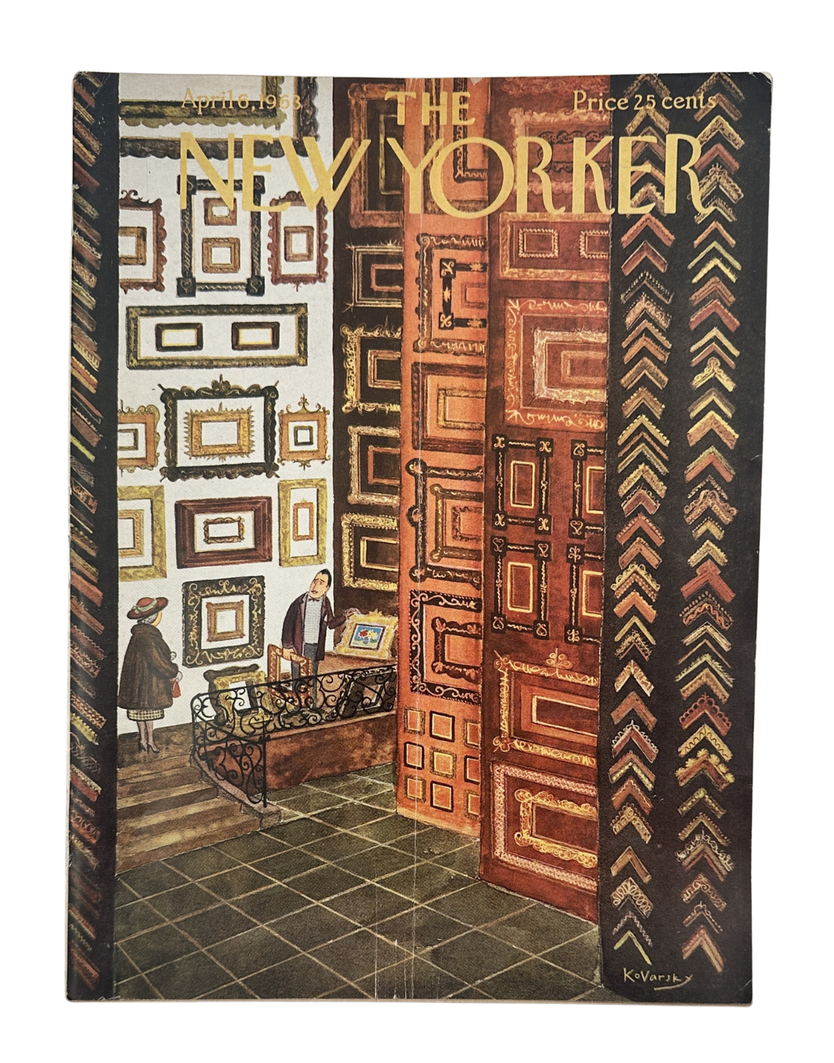 The New Yorker Magazine April 6, 1963 Picture Frame Shop Anatol Kovarsky Cover, showing the illustrated vintage cover with a picture frame shop interior and framed artwork.