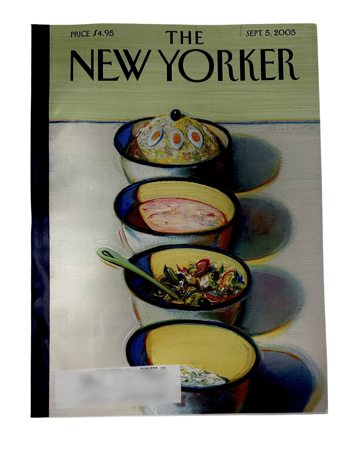 The New Yorker Magazine September 5, 2005 Stacked Food Bowls Wayne Thiebaud Cover VG, featuring stacked bowls of colorful food on the illustrated front cover.