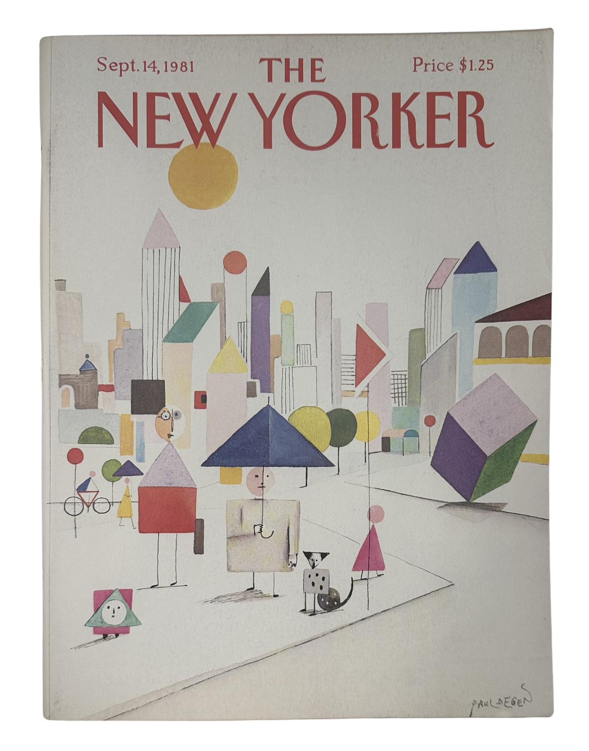 The New Yorker Magazine September 14, 1981 Geometric City Figures Paul Degen Cover VG, featuring a colorful geometric cityscape with stylized figures and buildings.