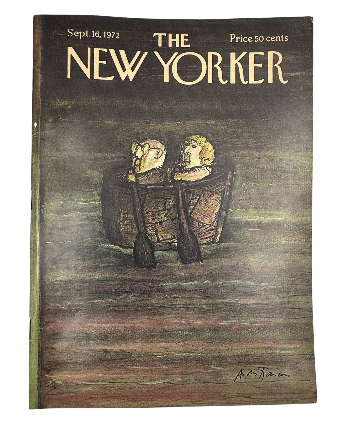 The New Yorker Magazine September 16, 1972 Two Men in Barrels André François Cover, vintage magazine front cover featuring two men standing in wooden barrels