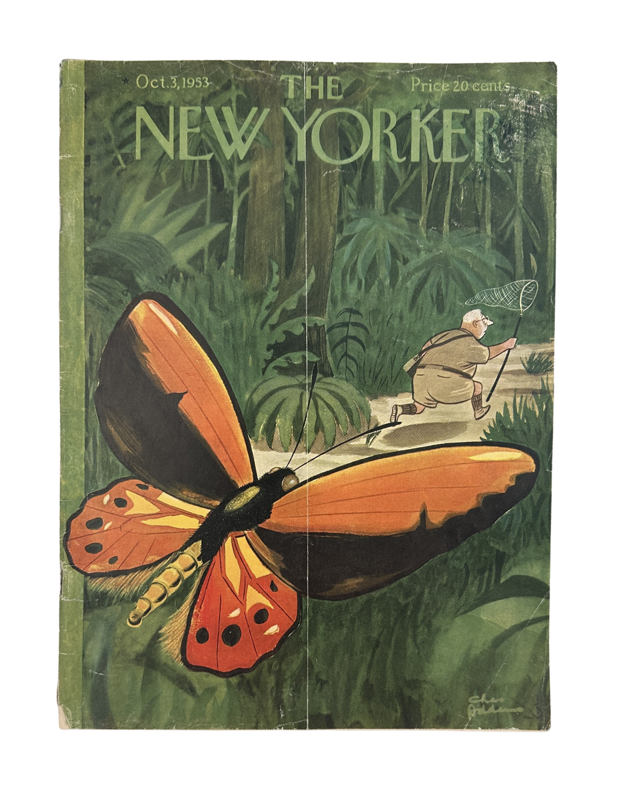 The New Yorker Magazine October 3, 1953 Butterfly Charles Addams Cover, featuring a colorful butterfly and jungle scene with a person holding a net.