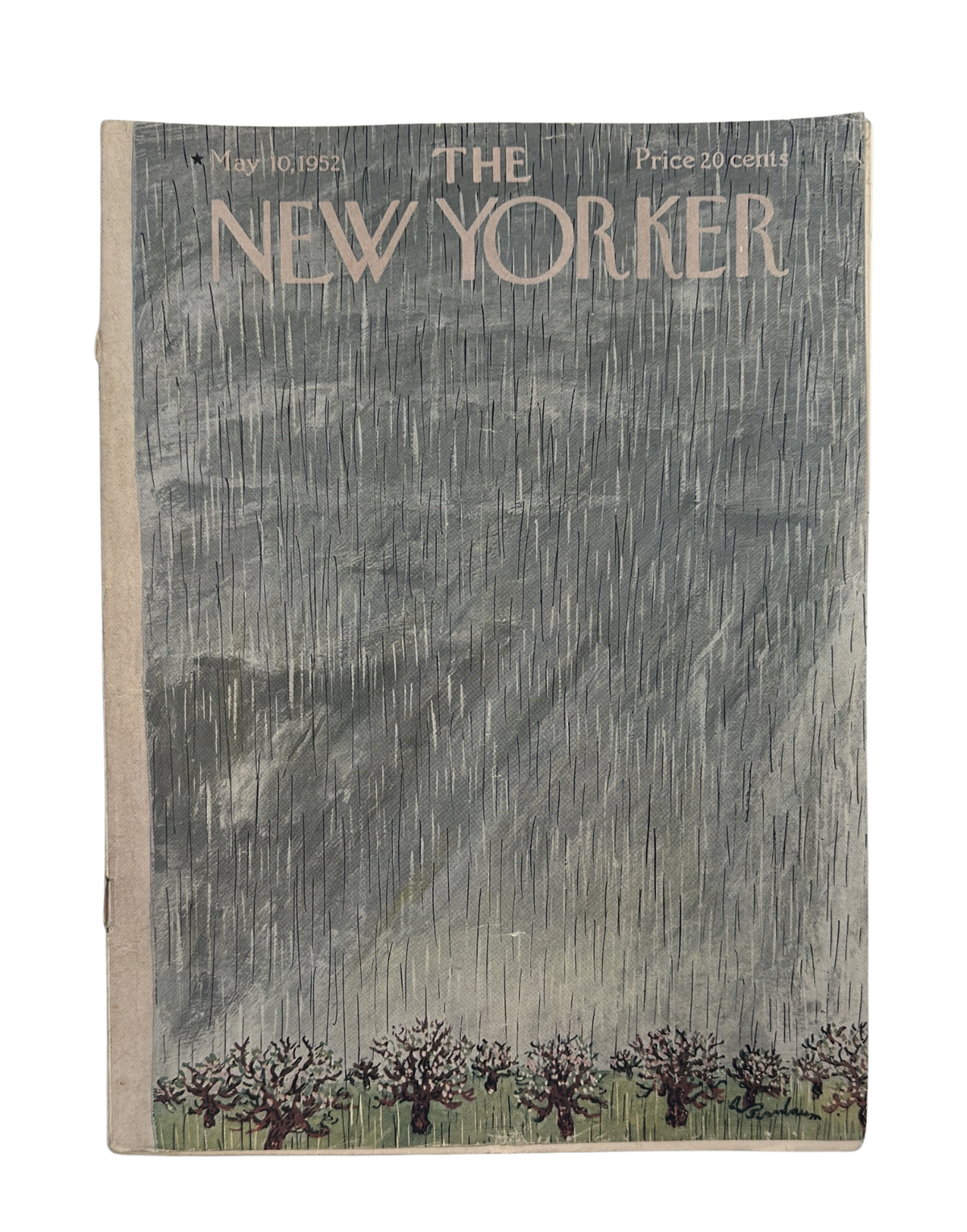 The New Yorker Magazine May 10, 1952 Rainy Orchard Abe Birnbaum Cover, vintage cover featuring a rainy gray orchard and trees.