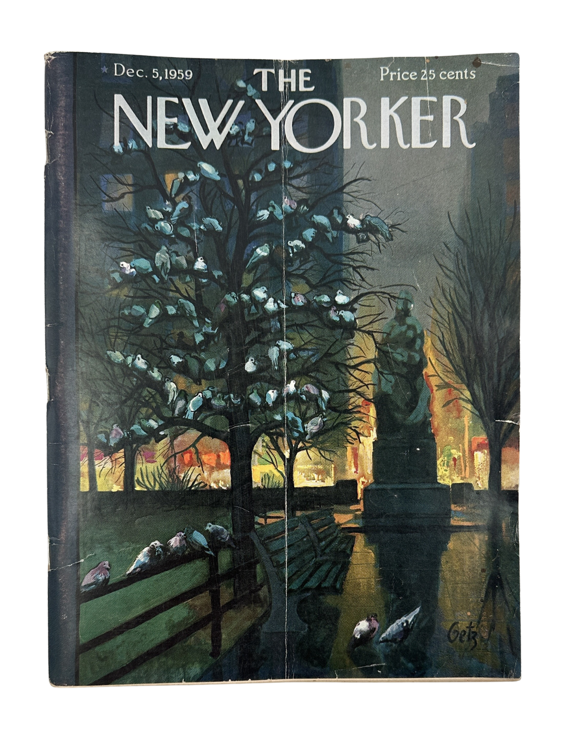 The New Yorker Magazine December 5, 1959 Winter Pigeons Arthur Getz Cover, showing pigeons gathered around a snow-covered tree in a city park at dusk.