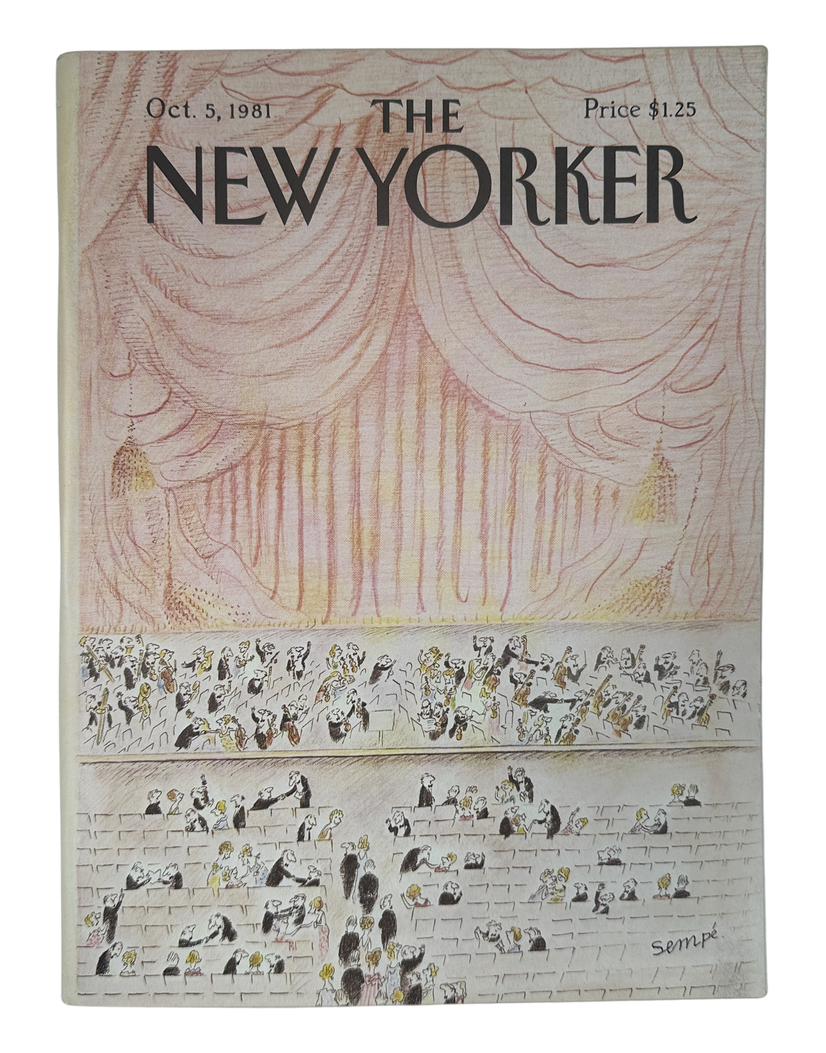 The New Yorker Magazine October 5, 1981 Theater Curtain J. J. Sempé Cover VG, featuring an illustrated theater stage with red curtains, audience seating, and the New Yorker masthead.