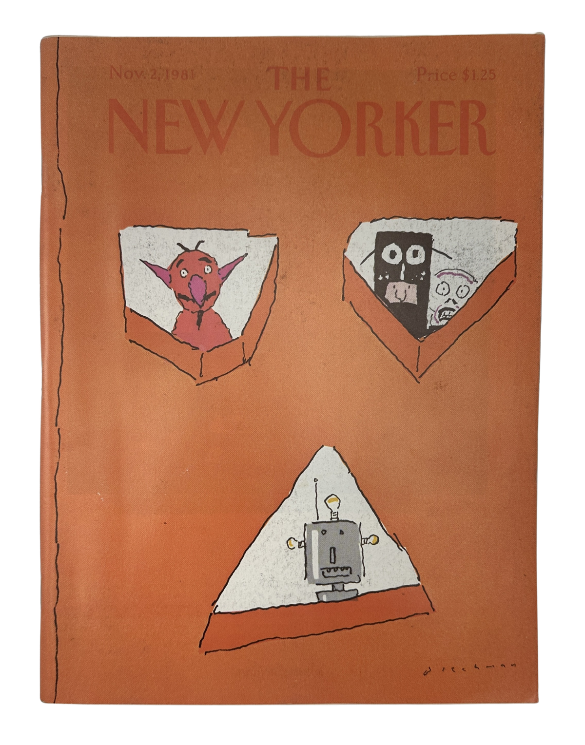 The New Yorker Magazine November 2, 1981 Monster Robot Windows R. O. Blechman Cover VG, front cover featuring colorful monster and robot illustrations in window-shaped panels